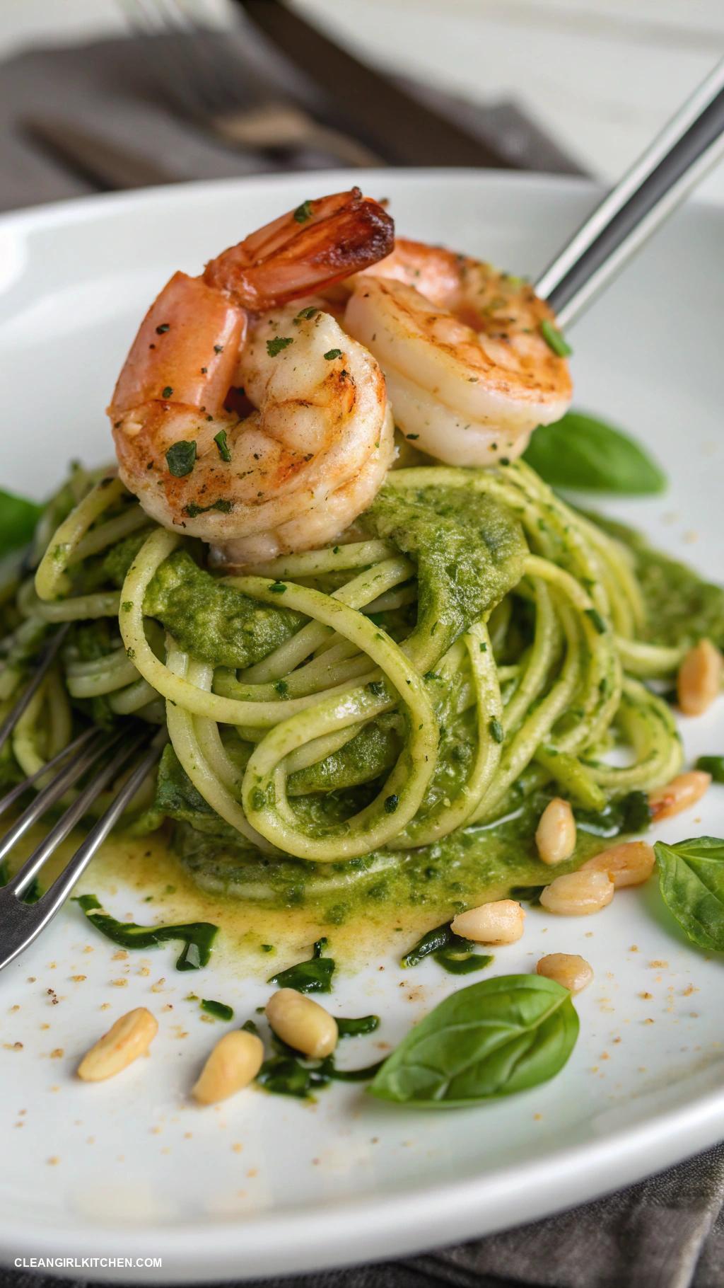healthy meals Zucchini Noodles with Pesto and Grilled Shrimp