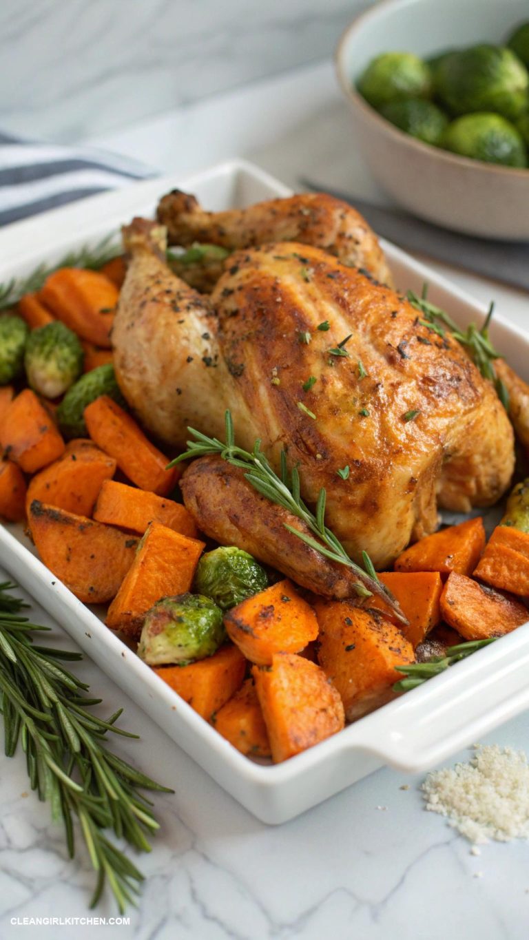 healthy meat recipes Roasted Chicken with Sweet Potatoes and Brussels Sprouts
