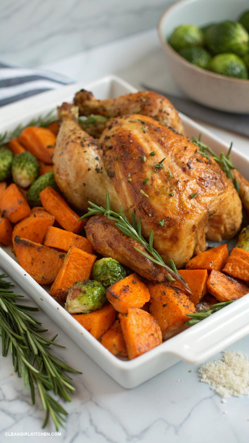 healthy meat recipes Roasted Chicken with Sweet Potatoes and Brussels Sprouts