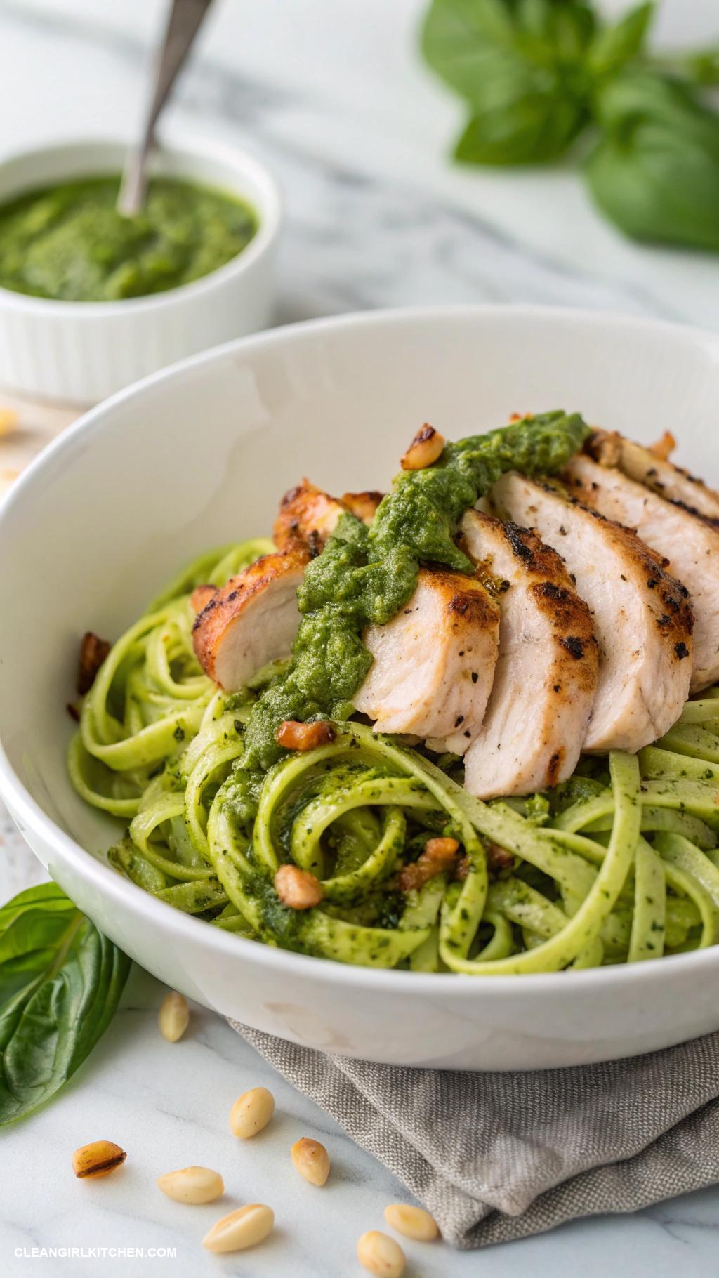 healthy meat recipes Zucchini Noodles with Grilled Chicken and Pesto