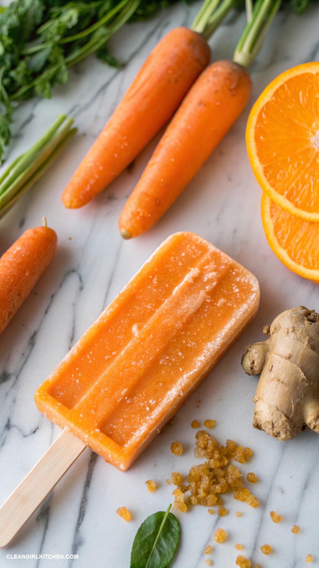 healthy popsicle recipes Carrot Ginger Citrus Popsicles Blend carrots ginger orange juice and a hint of honey for a unique flavor