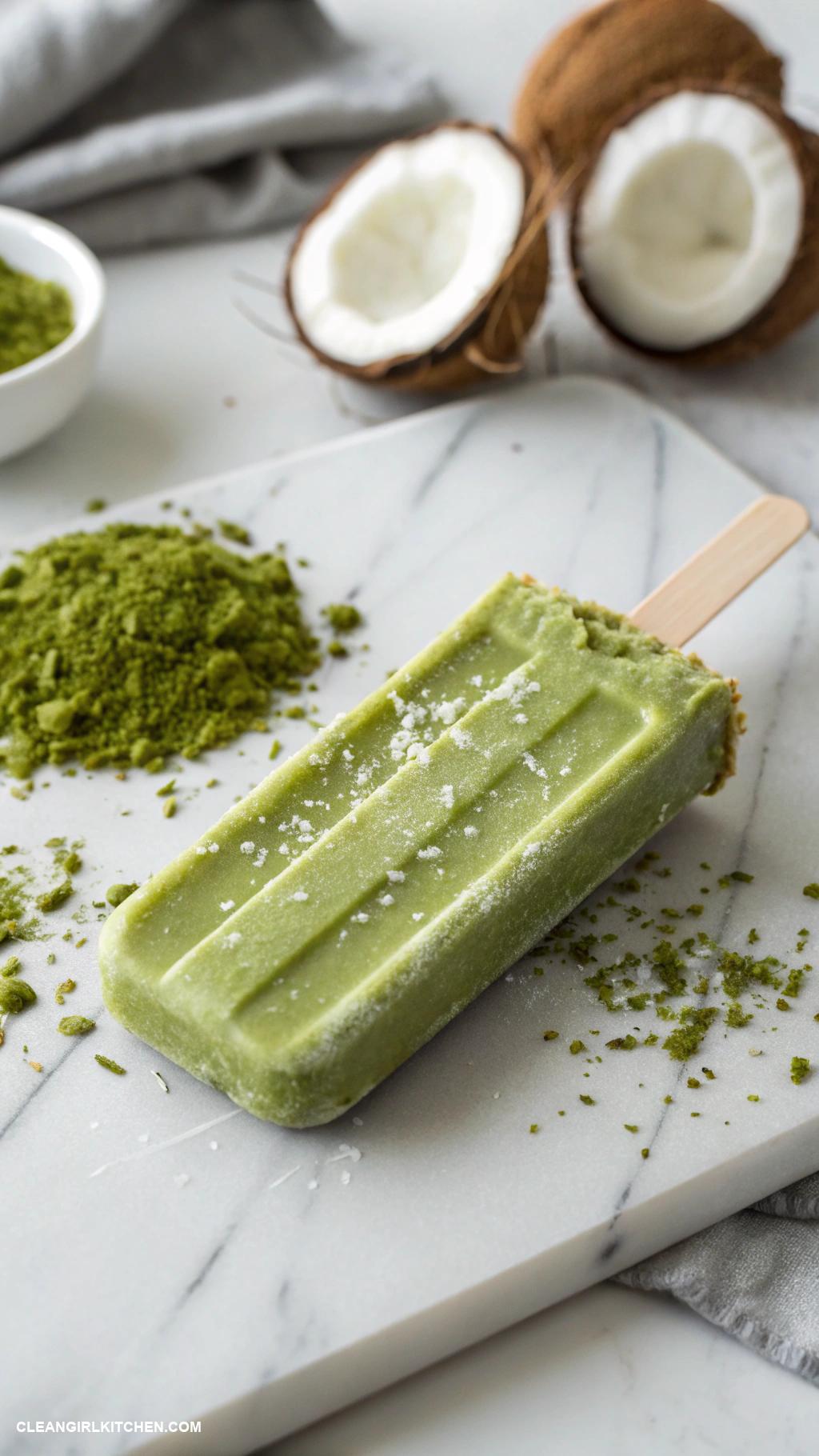 healthy popsicle recipes Matcha Coconut Popsicles Mix matcha green tea powder with coconut milk for an antioxidant rich pop