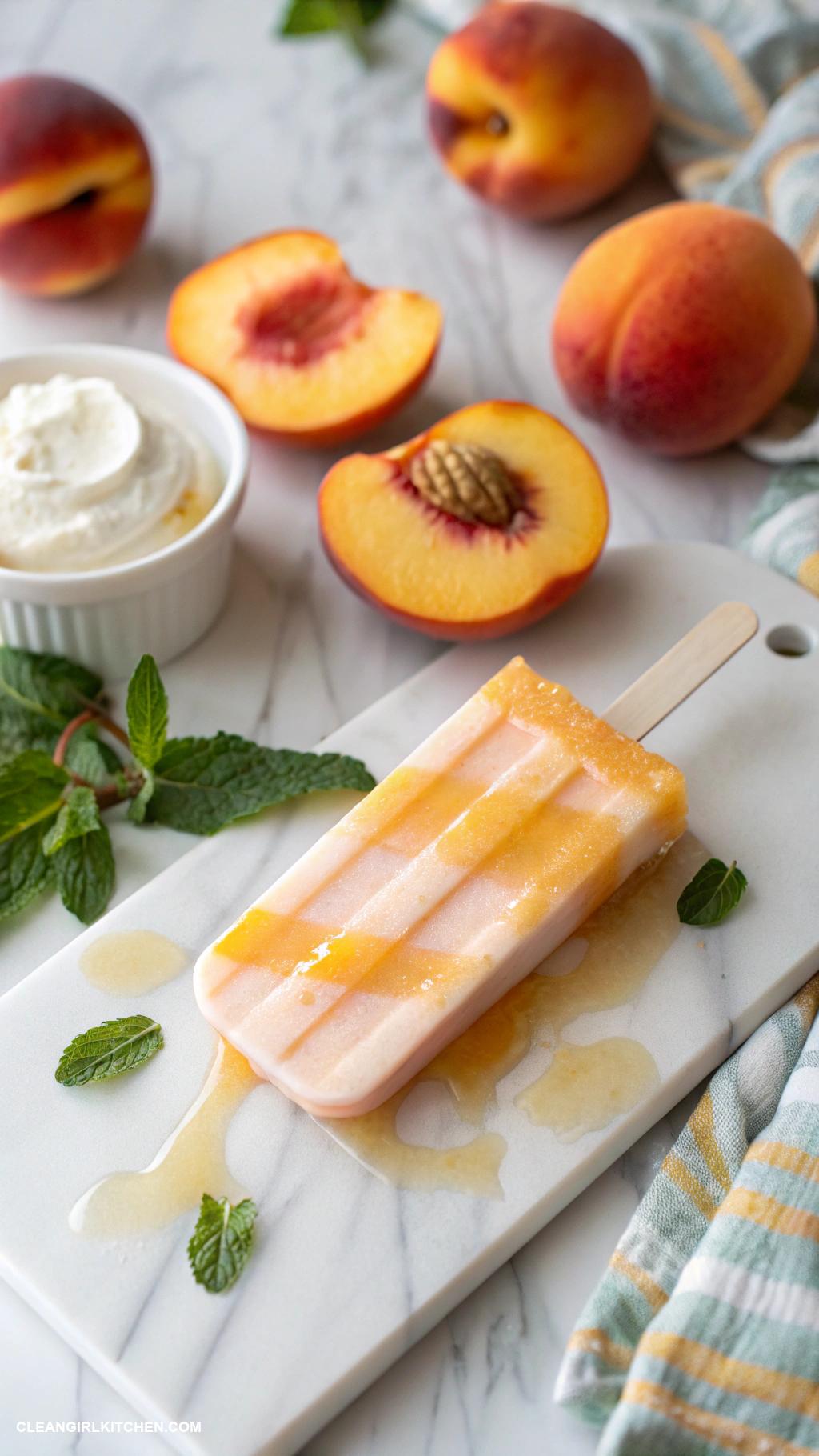 healthy popsicle recipes Peachy Greek Yogurt Popsicles Blend peaches with Greek yogurt and honey for a protein rich dessert