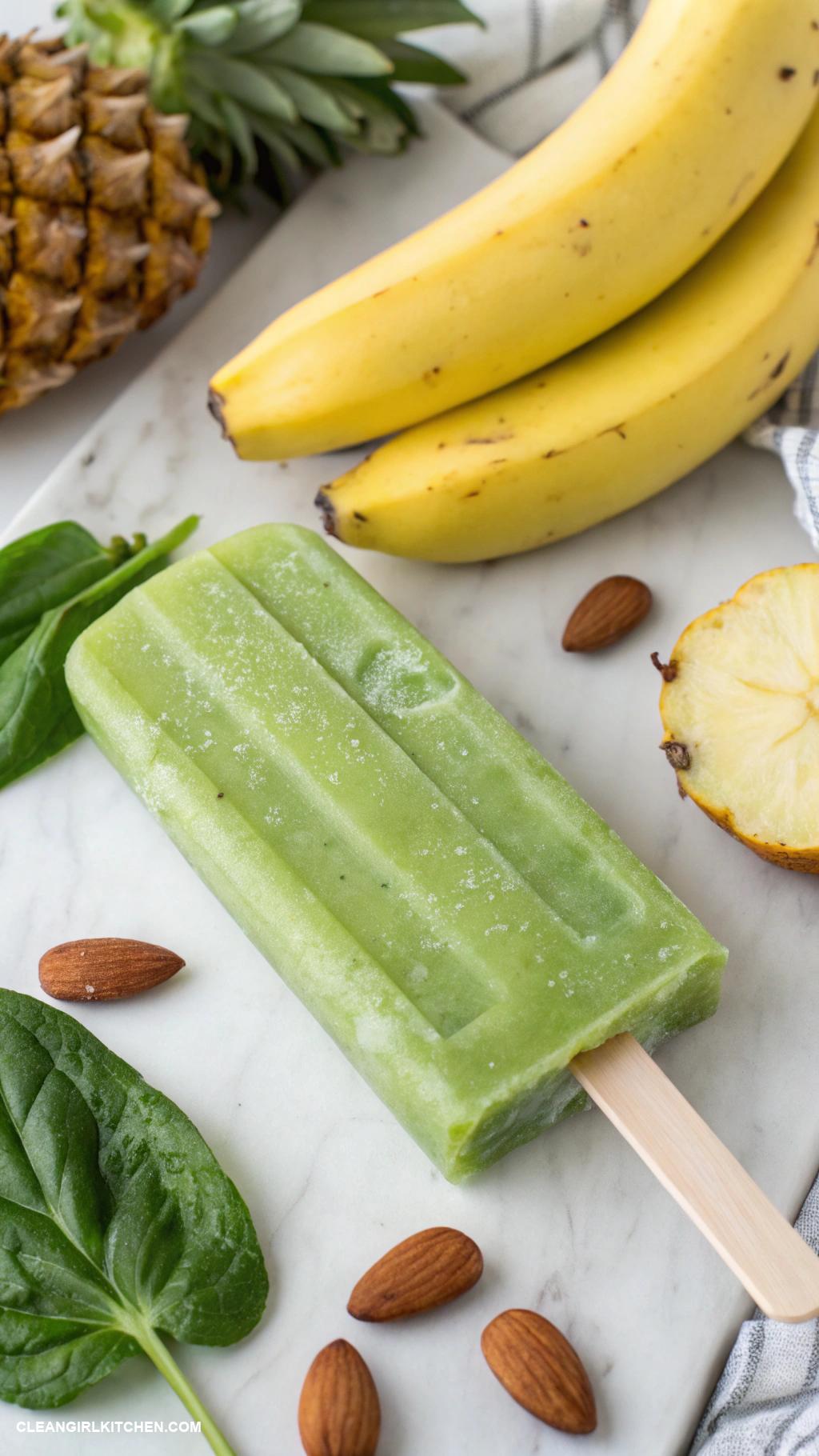 healthy popsicle recipes Tropical Green Popsicles Puree spinach pineapple banana and almond milk for a nutrient packed treat