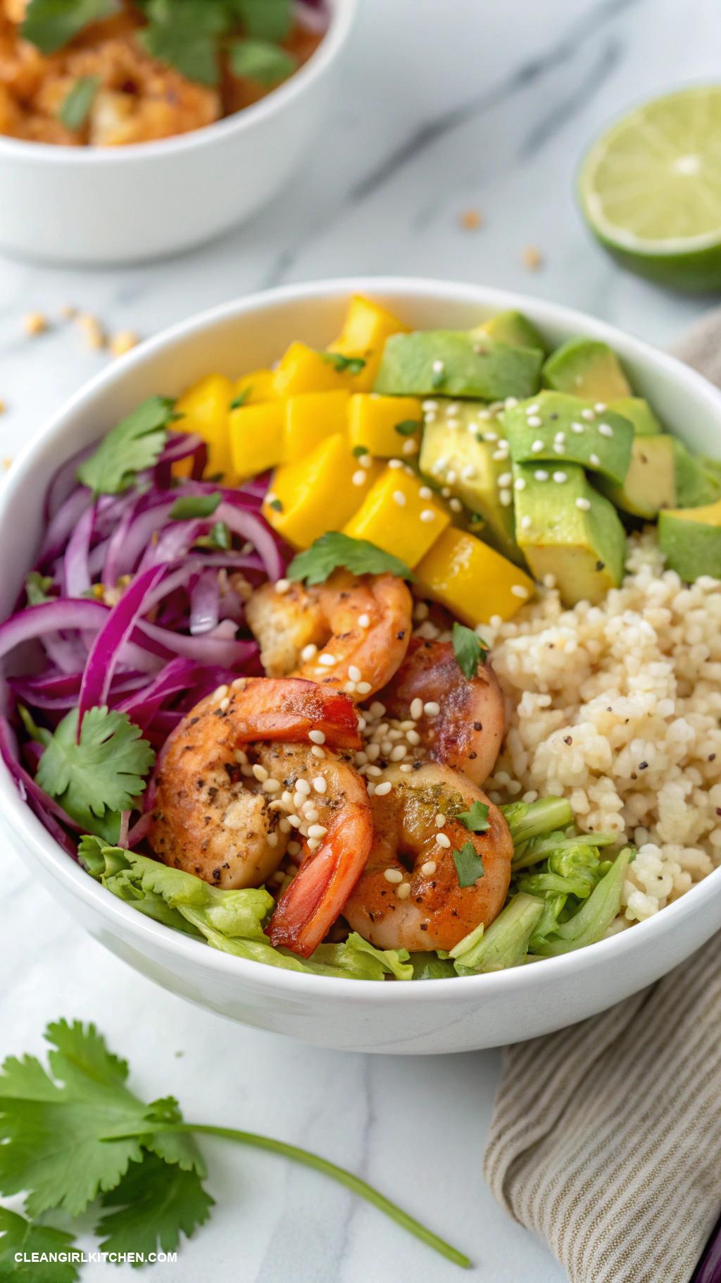 healthy taco bowls Asian Inspired Taco Bowl Shredded cabbage grilled shrimp mango salsa and sesame seeds over brown rice