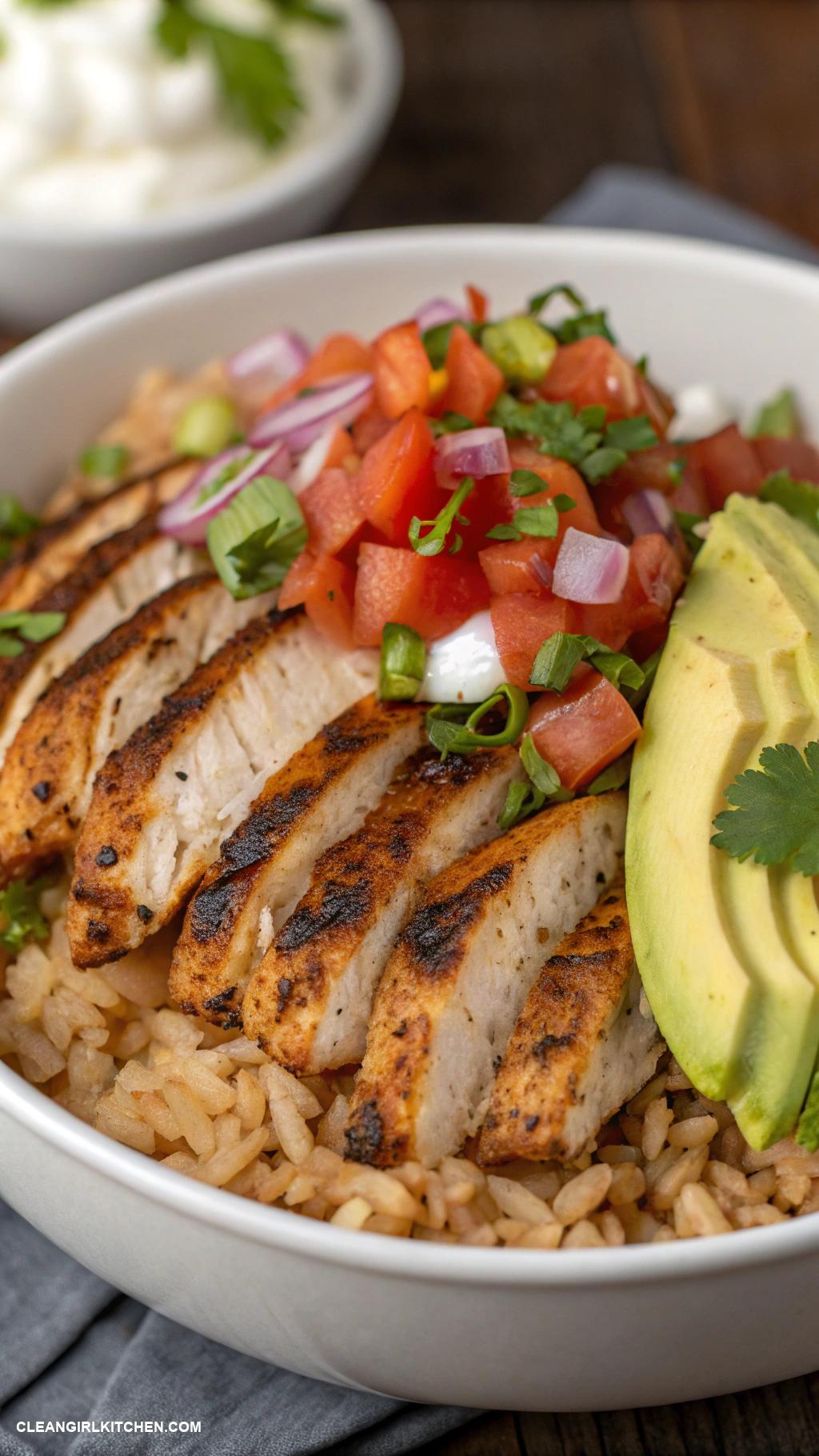 healthy taco bowls Brown Rice Chicken Taco Bowl Brown rice topped with grilled chicken pico de gallo avocado and Greek yogurt