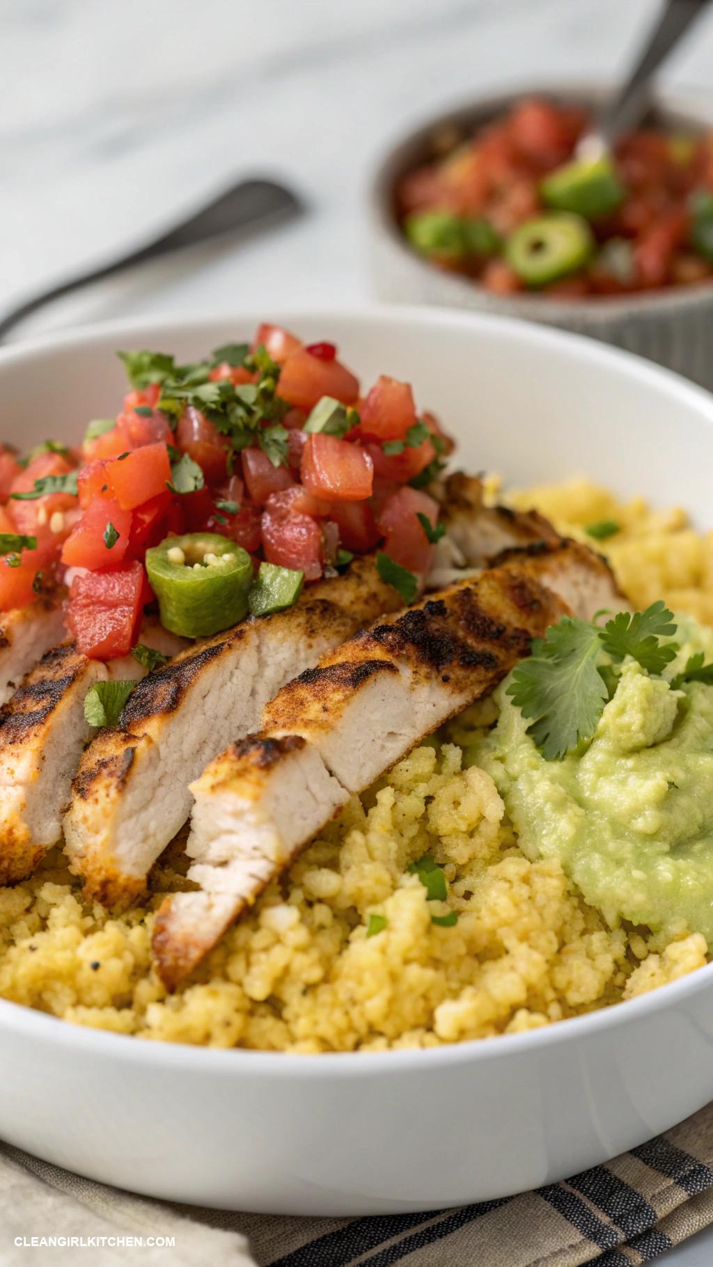 healthy taco bowls Cauliflower Rice Taco Bowl Riced cauliflower sautyed with taco spices and topped with grilled chicken salsa and guacamole
