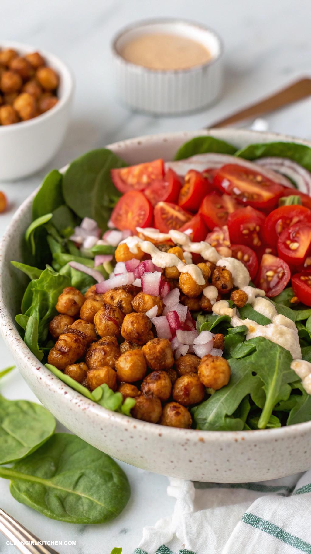 healthy taco bowls Chickpea Taco Bowl Roasted chickpeas on a bed of leafy greens topped with diced tomatoes onions and tahini dressing