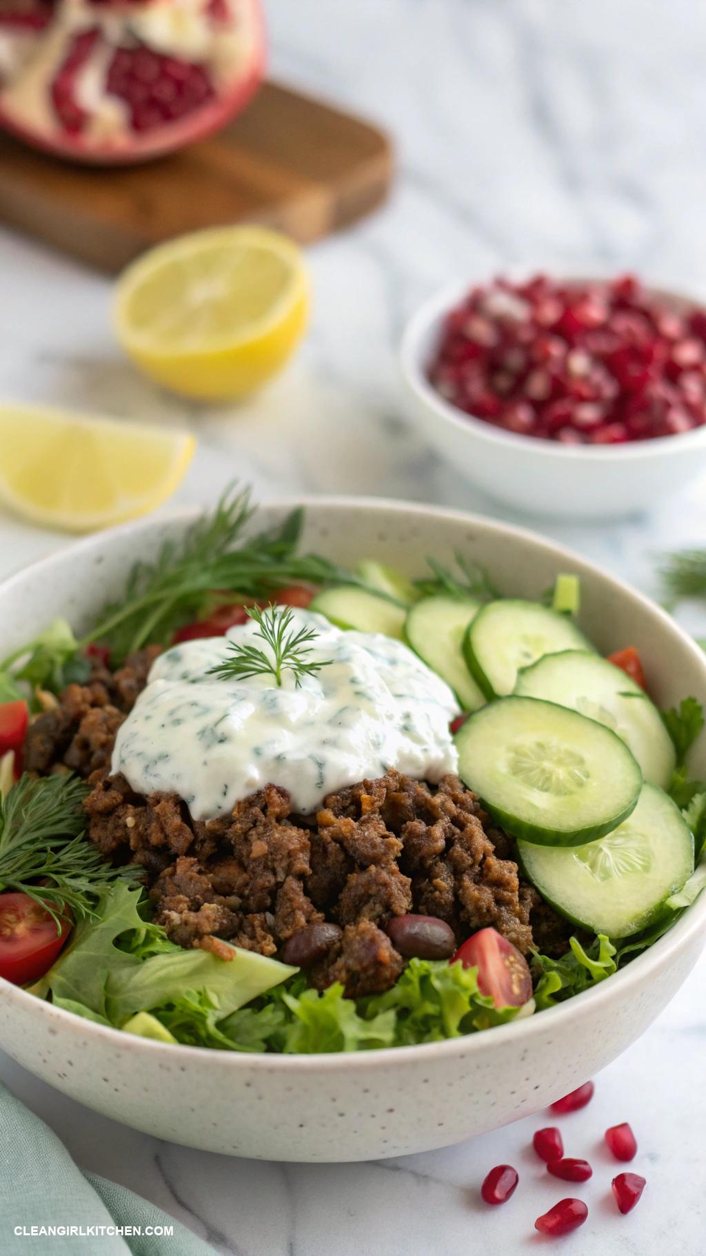 healthy taco bowls Greek Taco Bowl Ground lamb seasoned with Mediterranean spices served with tzatziki over a bed of mixed greens