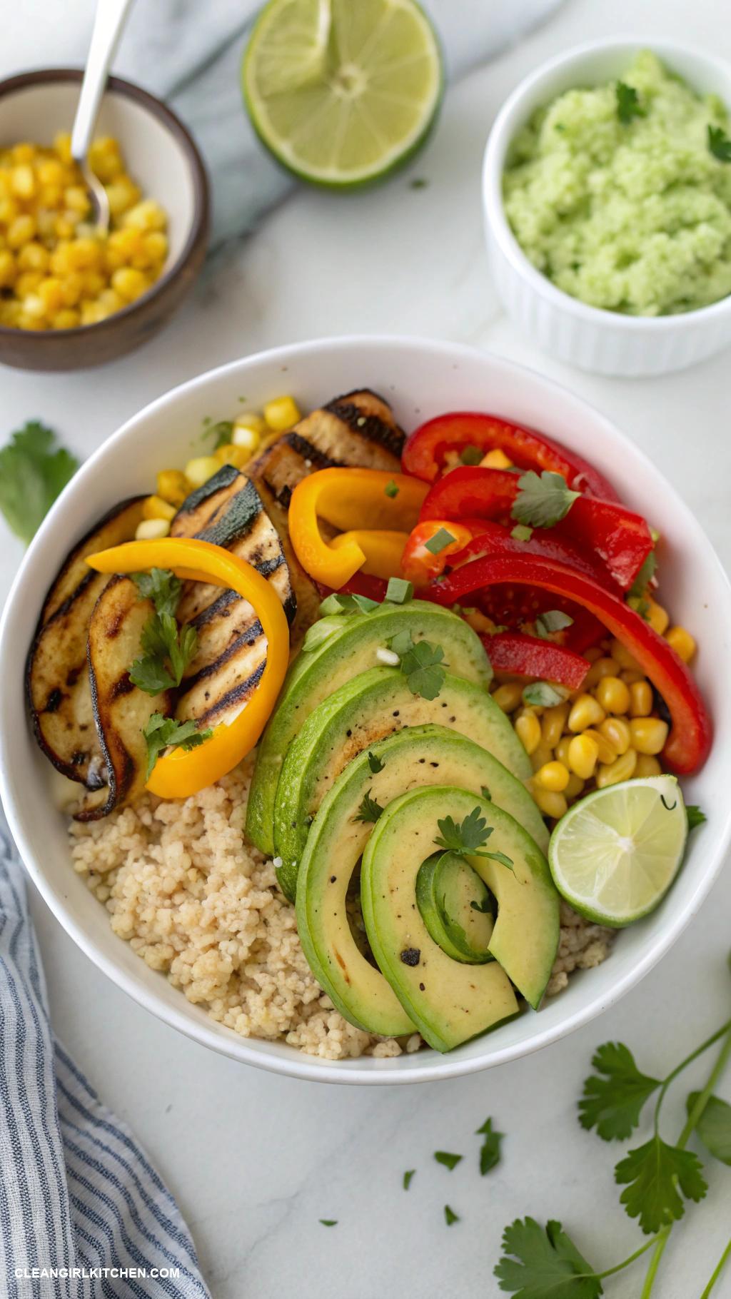 healthy taco bowls Grilled Veggie Taco Bowl A mix of grilled bell peppers zucchini and corn served over quinoa and topped with avocado