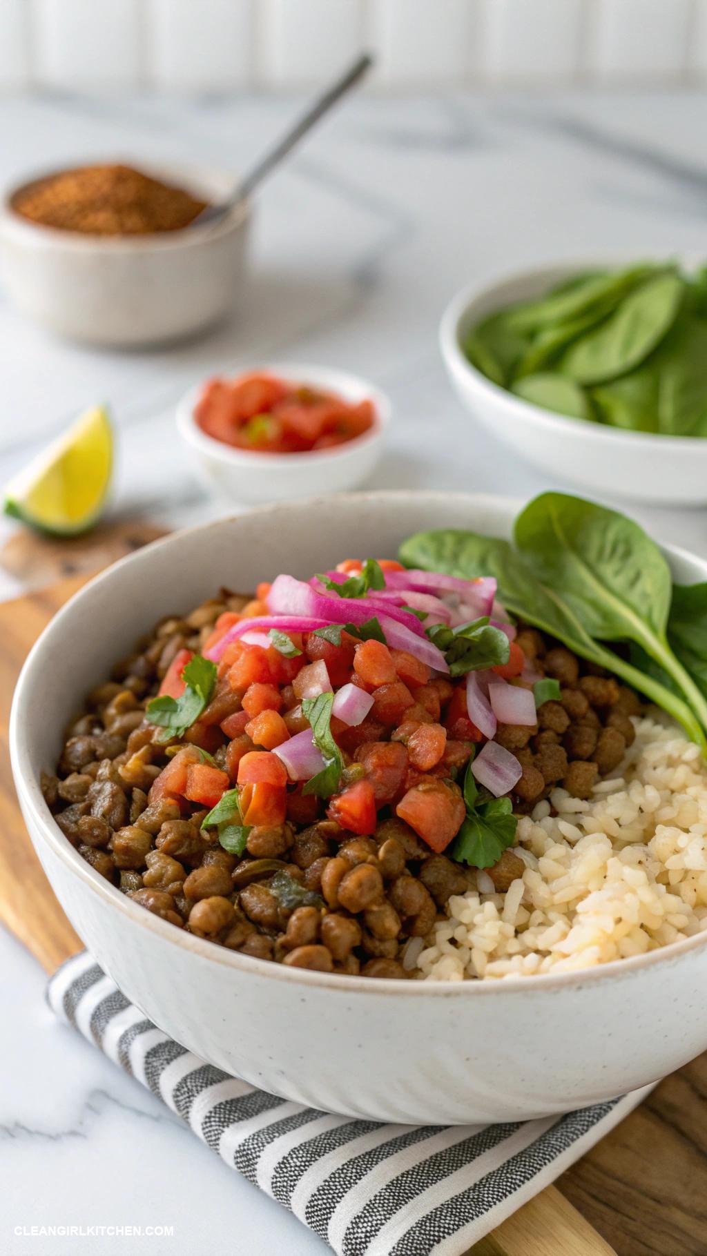 healthy taco bowls Lentil Taco Bowl Cooked lentils served over brown rice with diced onions salsa and spinach