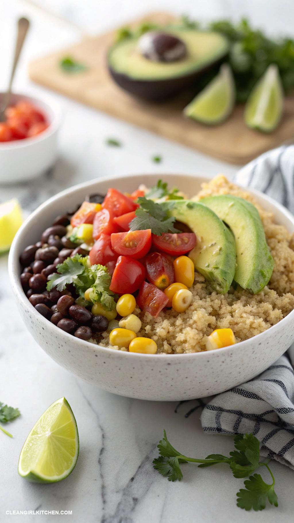 healthy taco bowls Quinoa Taco Bowl Quinoa topped with black beans corn diced tomatoes avocado and a squeeze of lime