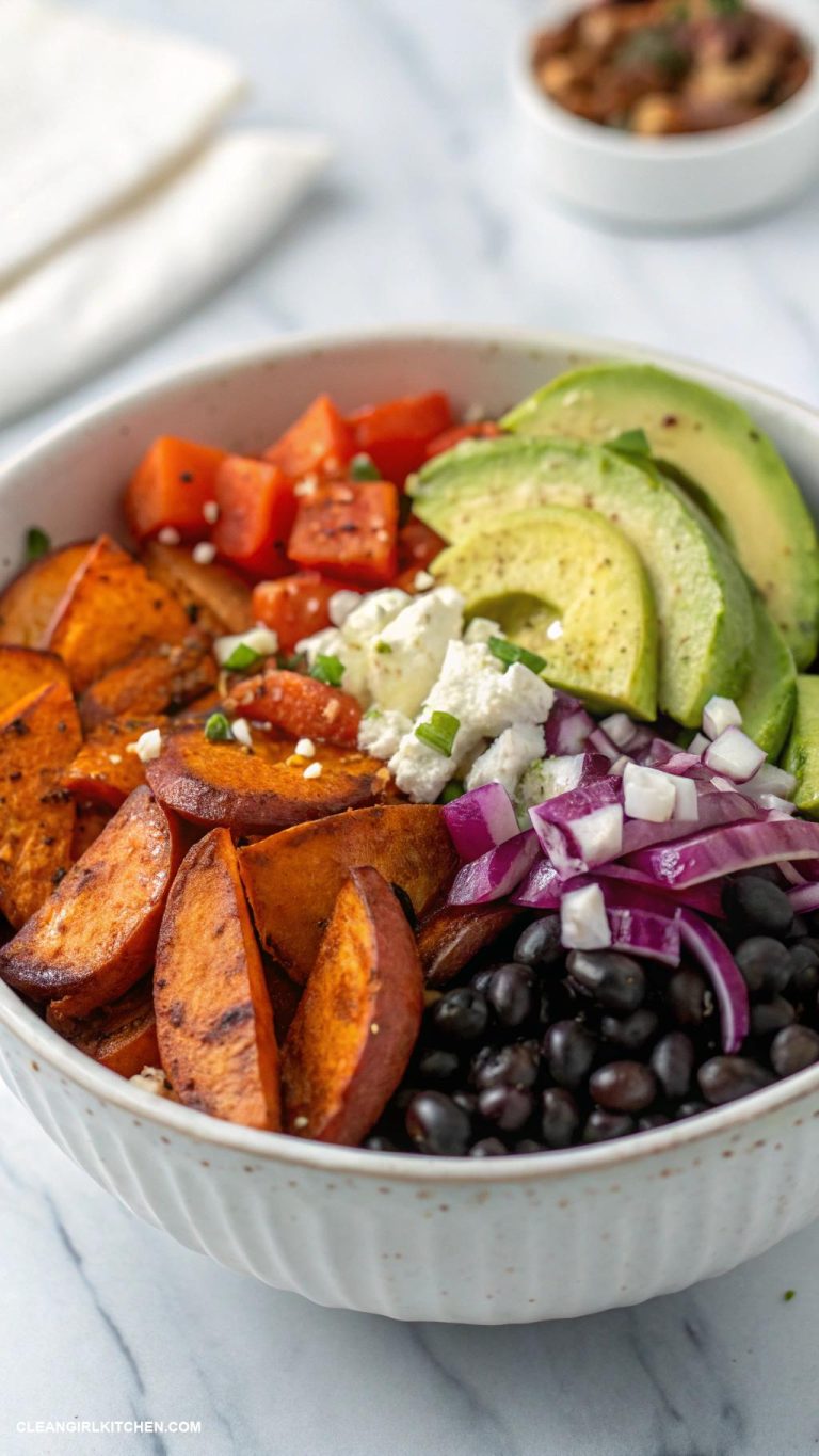 healthy taco bowls Sweet Potato Taco Bowl Roasted sweet potatoes with black beans diced red onion avocado and a sprinkle of feta cheese