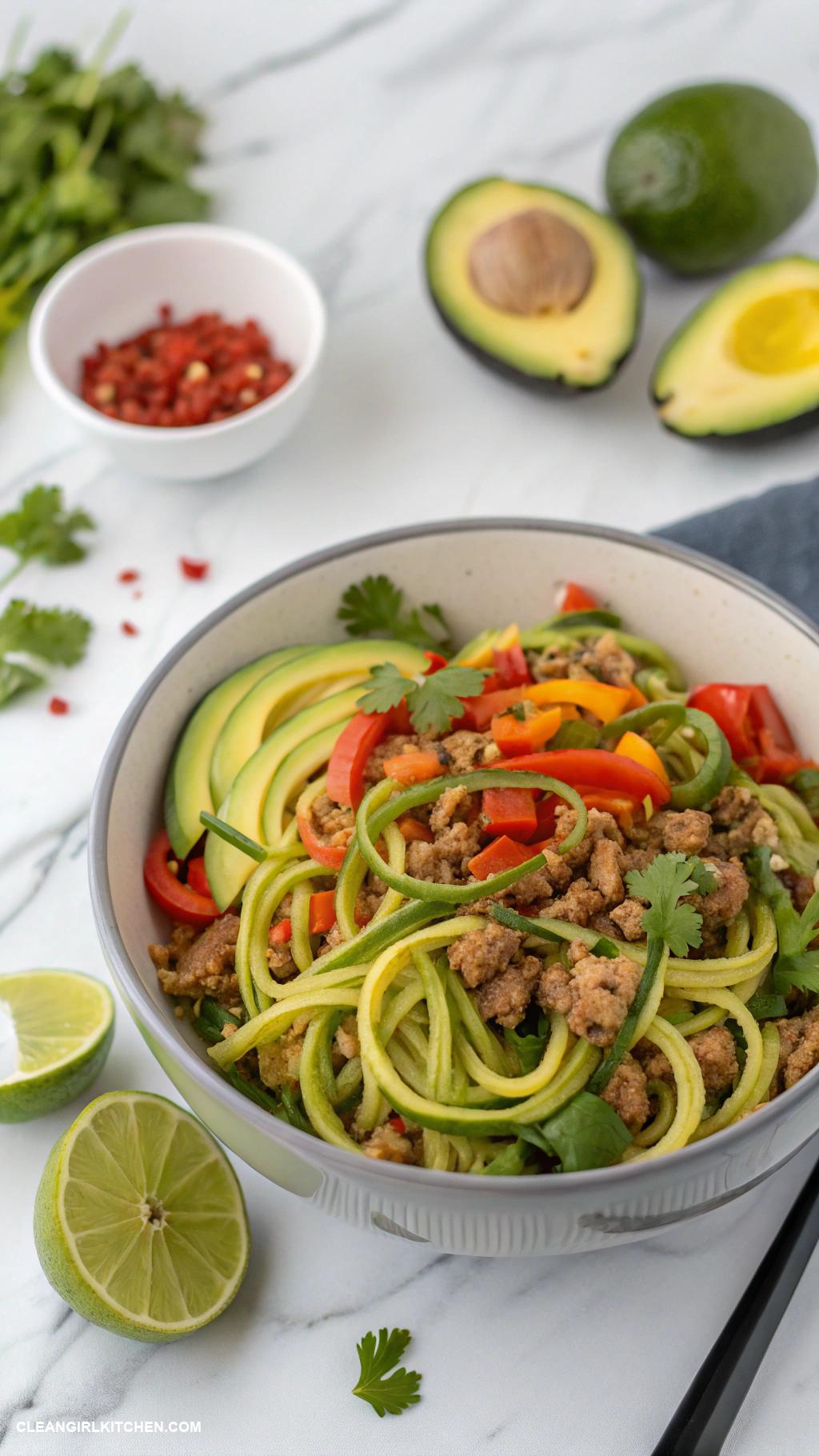 healthy taco bowls Zucchini Noodle Taco Bowl Spiralized zucchini mixed with ground turkey bell peppers and fresh cilantro