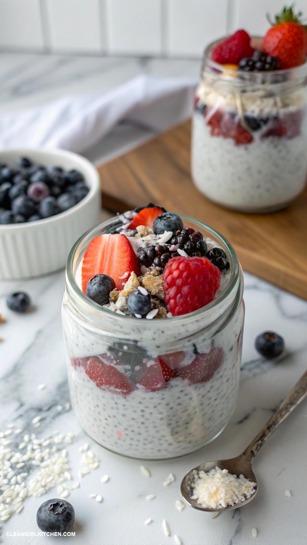 high protein breakfast Chia seed pudding with coconut milk and berries