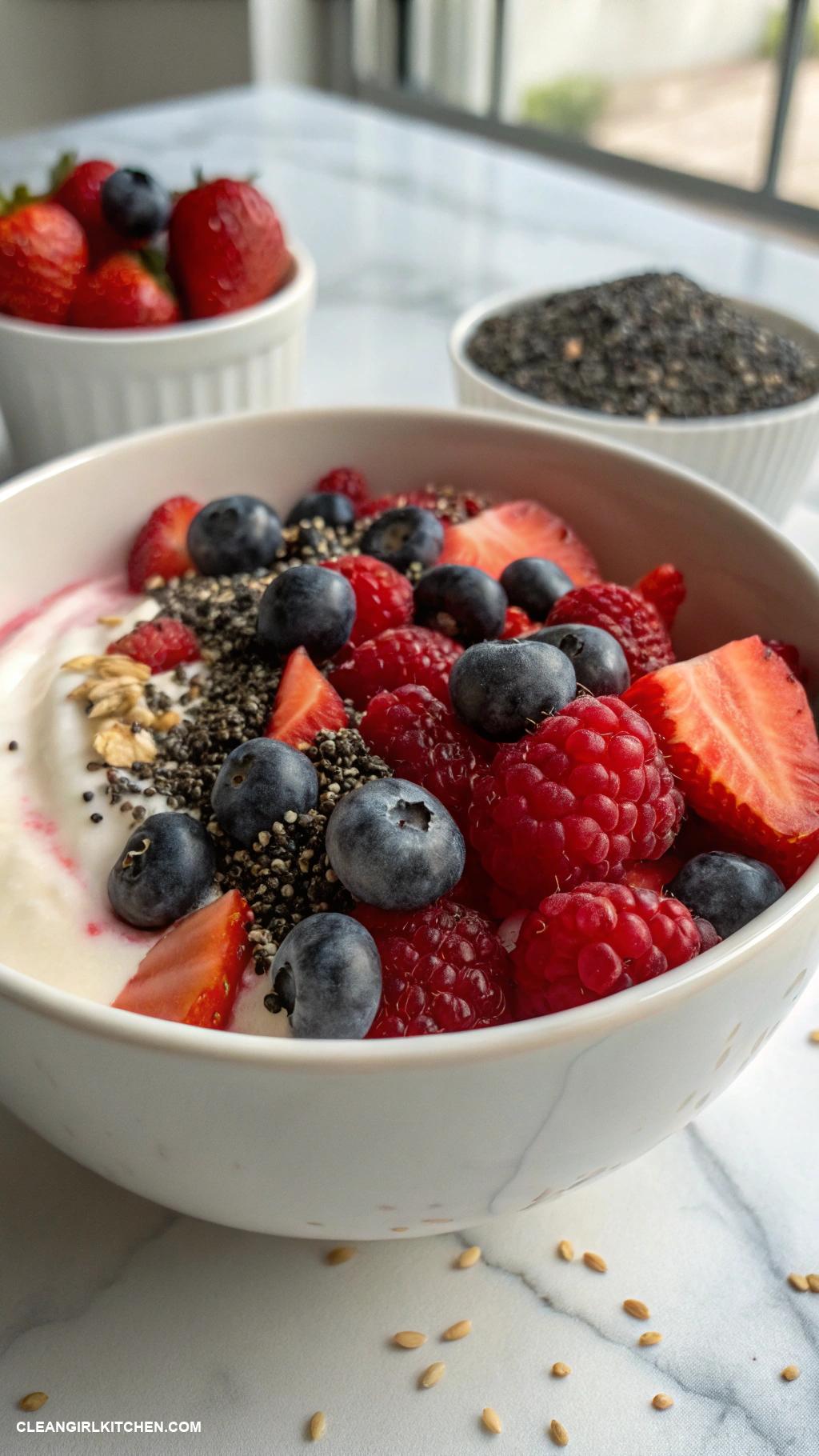 high protein breakfast Greek yogurt with mixed berries and chia seeds