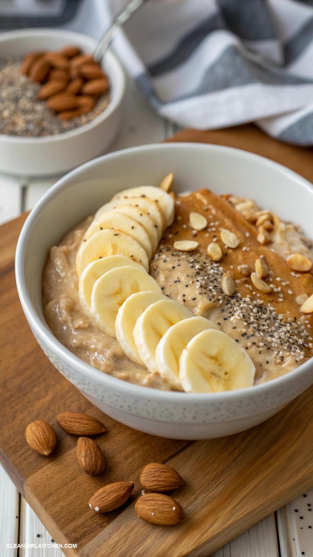 high protein breakfast Oatmeal topped with almond butter and sliced banana