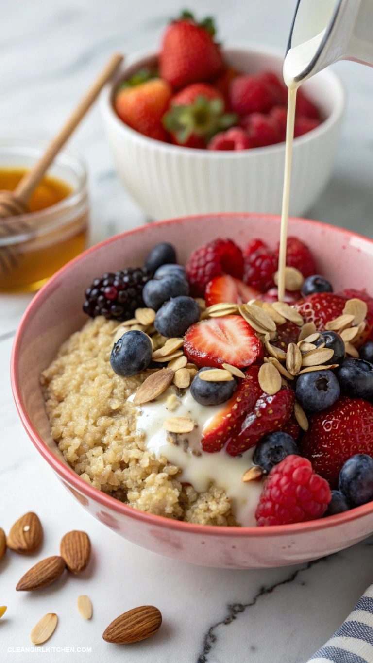high protein breakfast Quinoa breakfast bowl with almond milk and berries