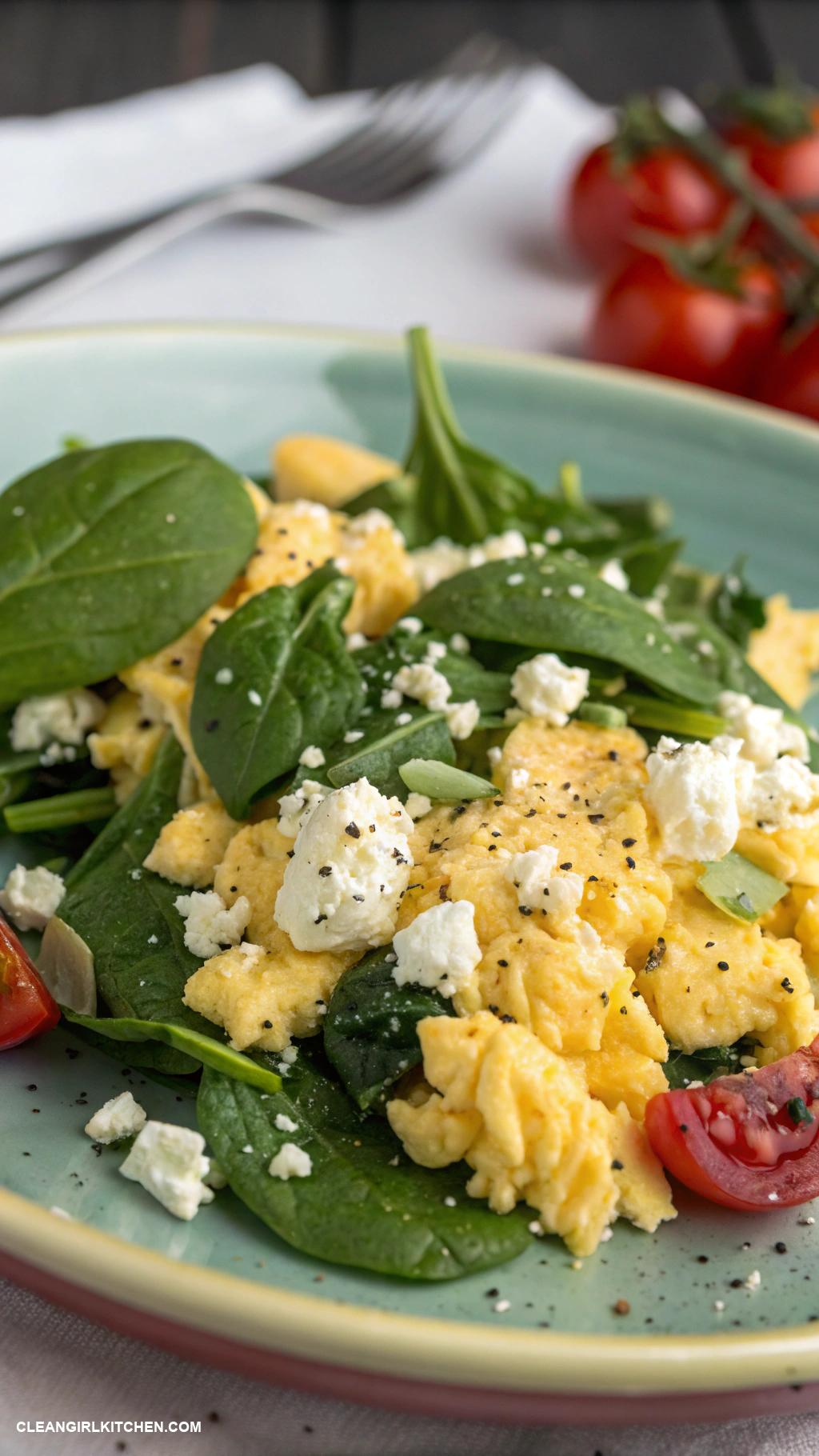 high protein breakfast Scrambled eggs with spinach and feta cheese