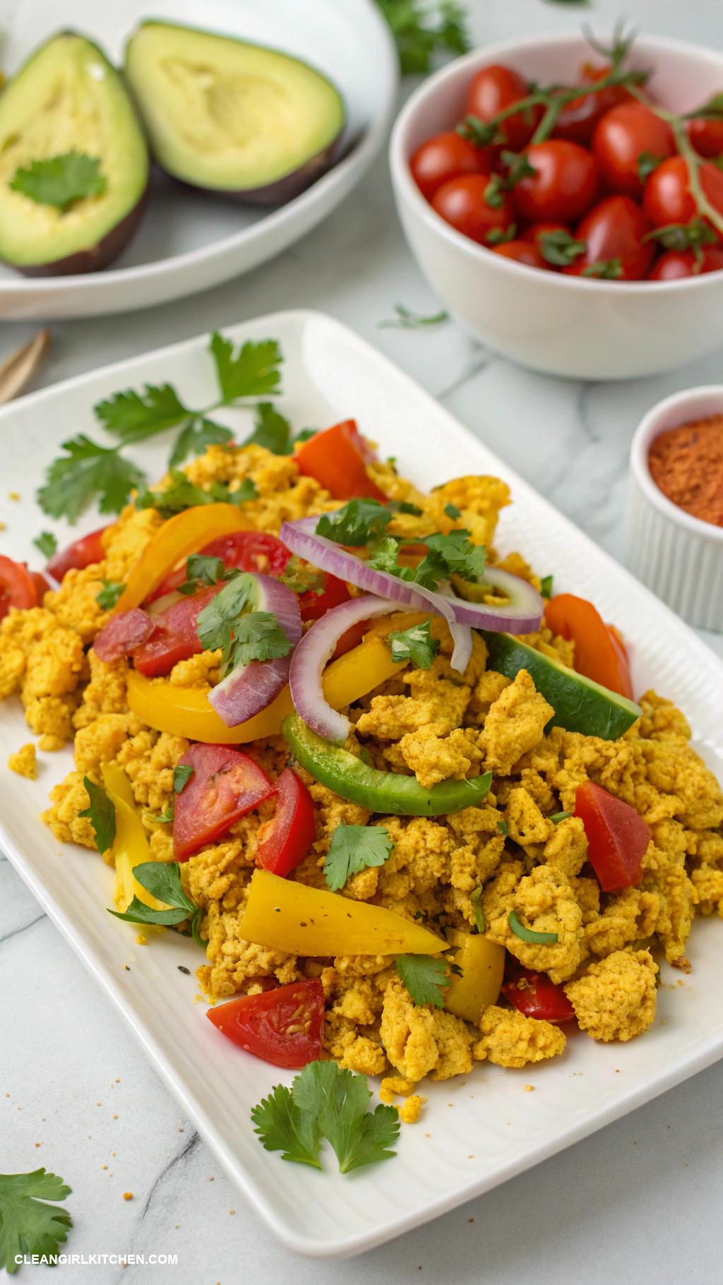 high protein breakfast Tofu scramble with turmeric peppers and onions