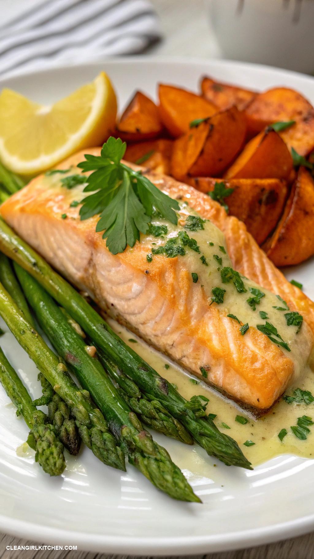 high protein dinner Baked salmon with asparagus and sweet potatoes
