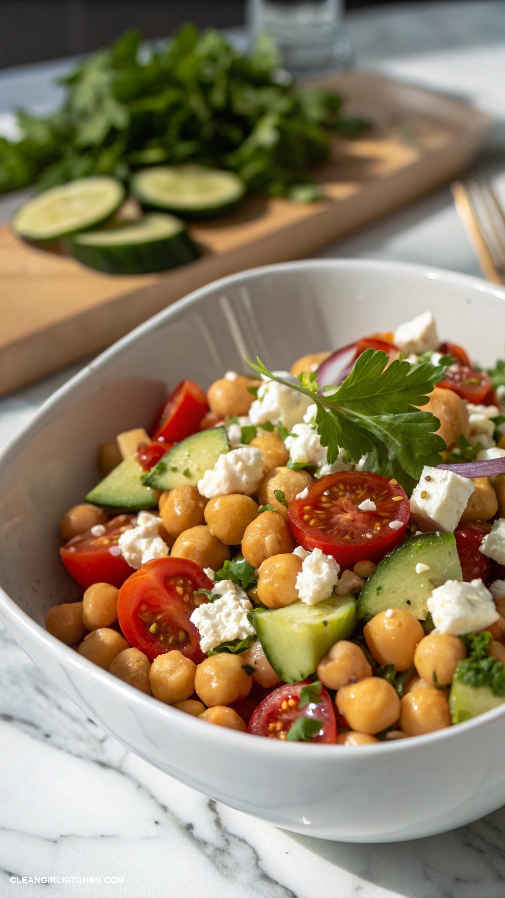high protein dinner Chickpea salad with cucumber tomatoes and feta
