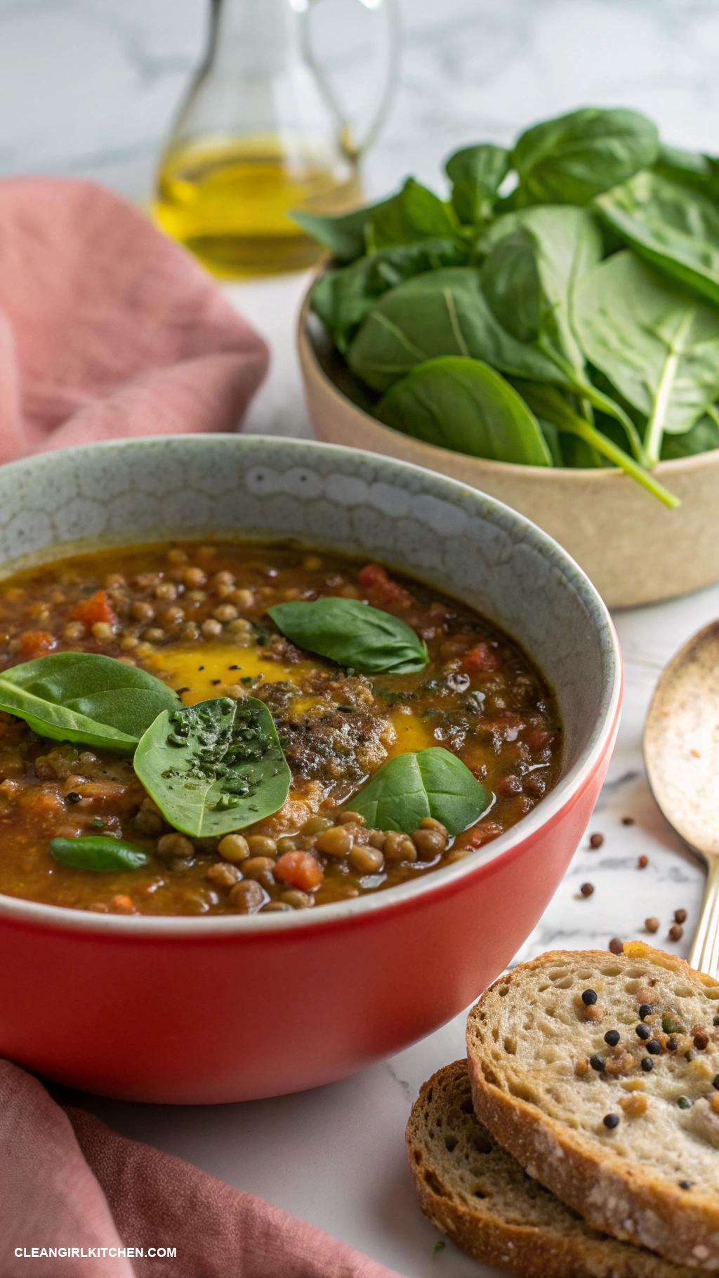high protein dinner Lentil soup with spinach and whole grain bread