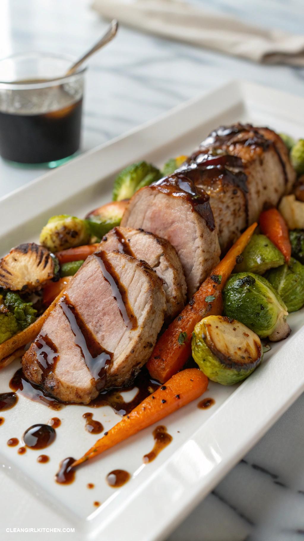 high protein dinner Pork tenderloin with roasted Brussels sprouts and carrots