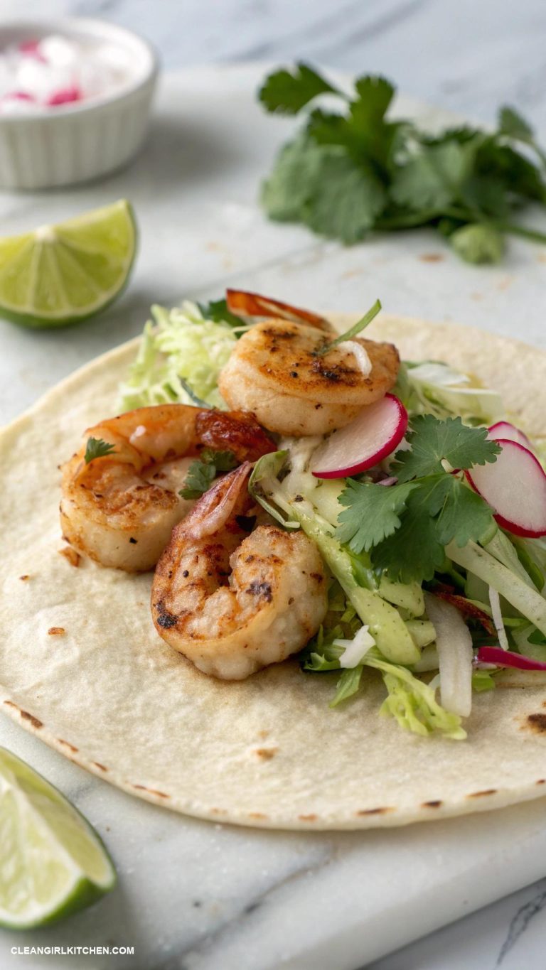high protein dinner Shrimp tacos with cabbage slaw and lime