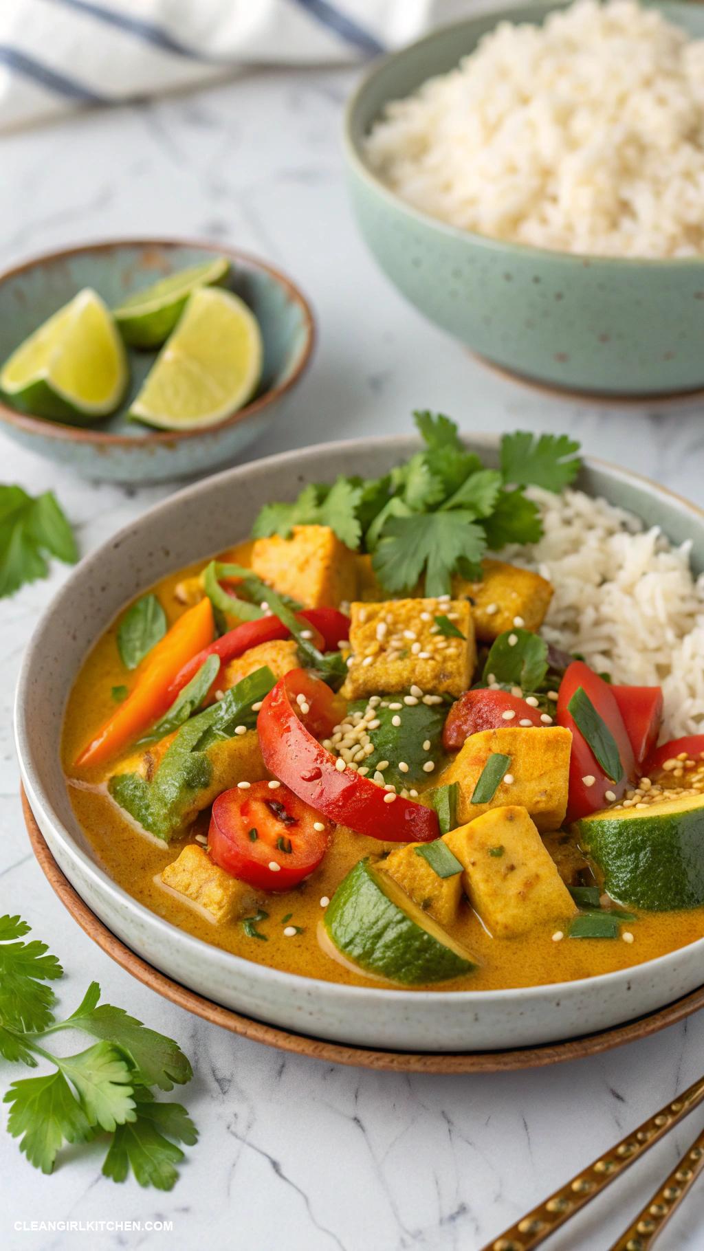 high protein dinner Tofu and vegetable curry with cauliflower rice