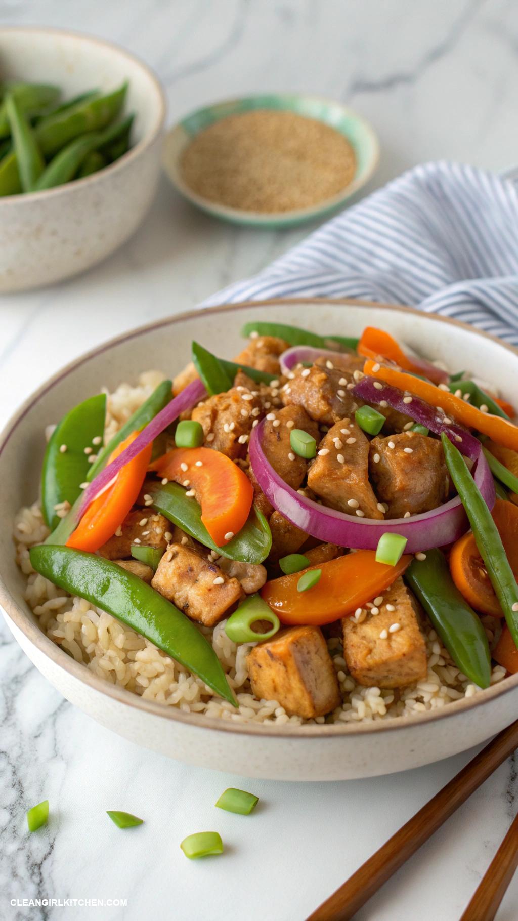 high protein dinner Turkey stir fry with mixed vegetables and brown rice