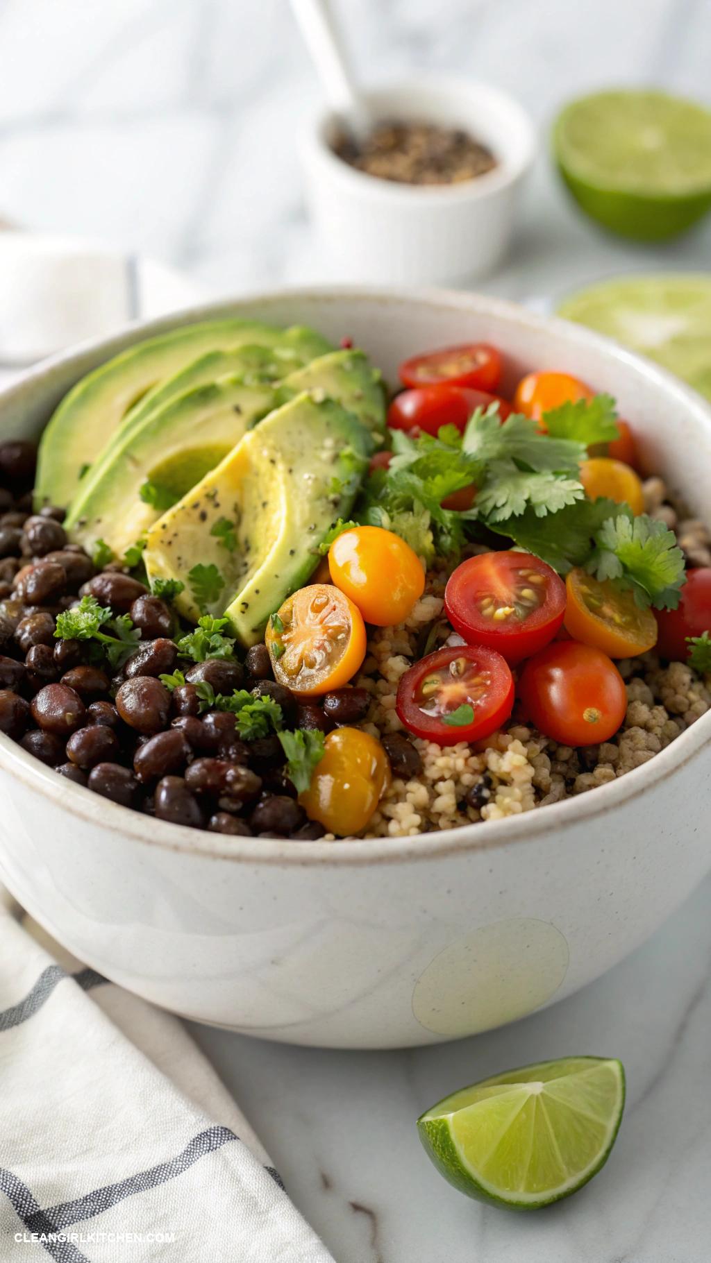 high protein dinner Vegetarian black bean and quinoa bowl with avocado