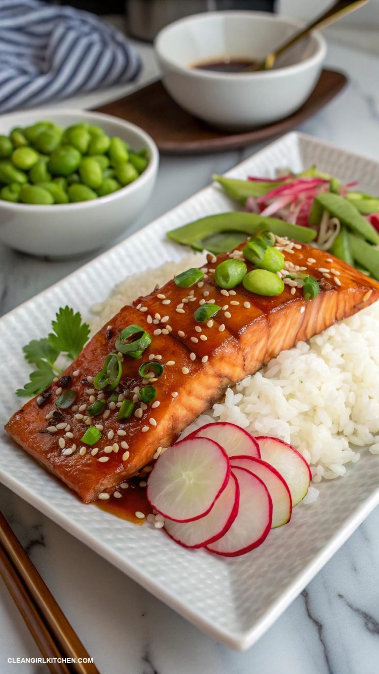 teriyaki salmon rice bowl with edamame