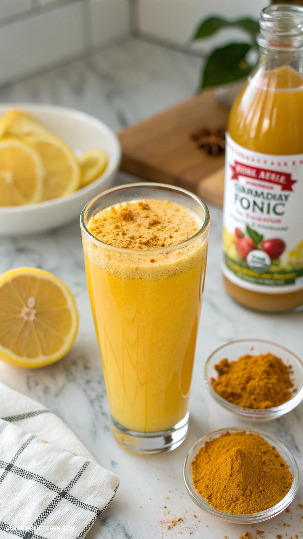 apple cider vinegar detox drinks Turmeric Tonic 1 tablespoon of apple cider vinegar 1 teaspoon of turmeric powder juice of 1 lemon and 8 ounces of water