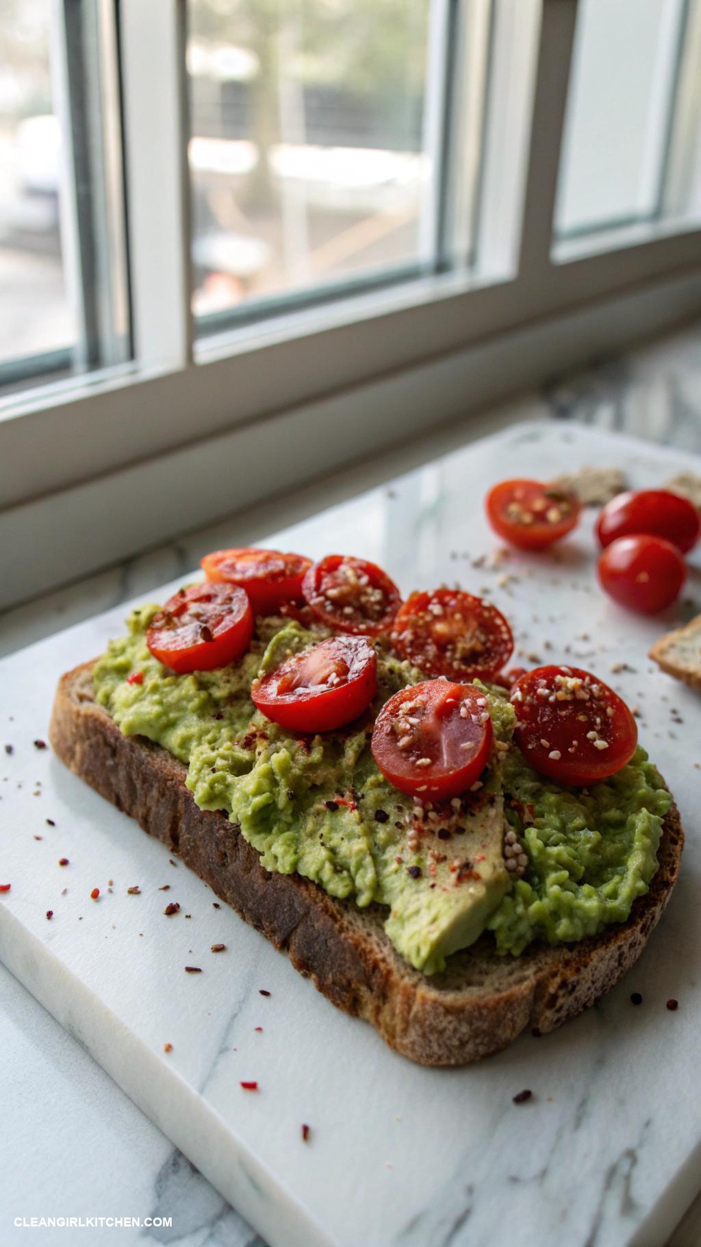 clean breakfast Avocado toast on whole grain bread with cherry tomatoes