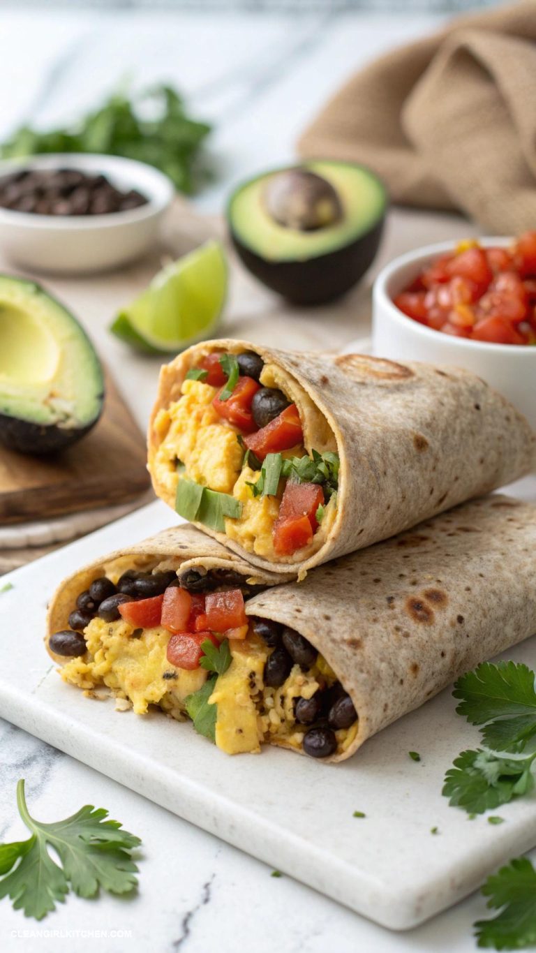 clean breakfast Breakfast burrito with scrambled eggs black beans and salsa in a whole grain wrap