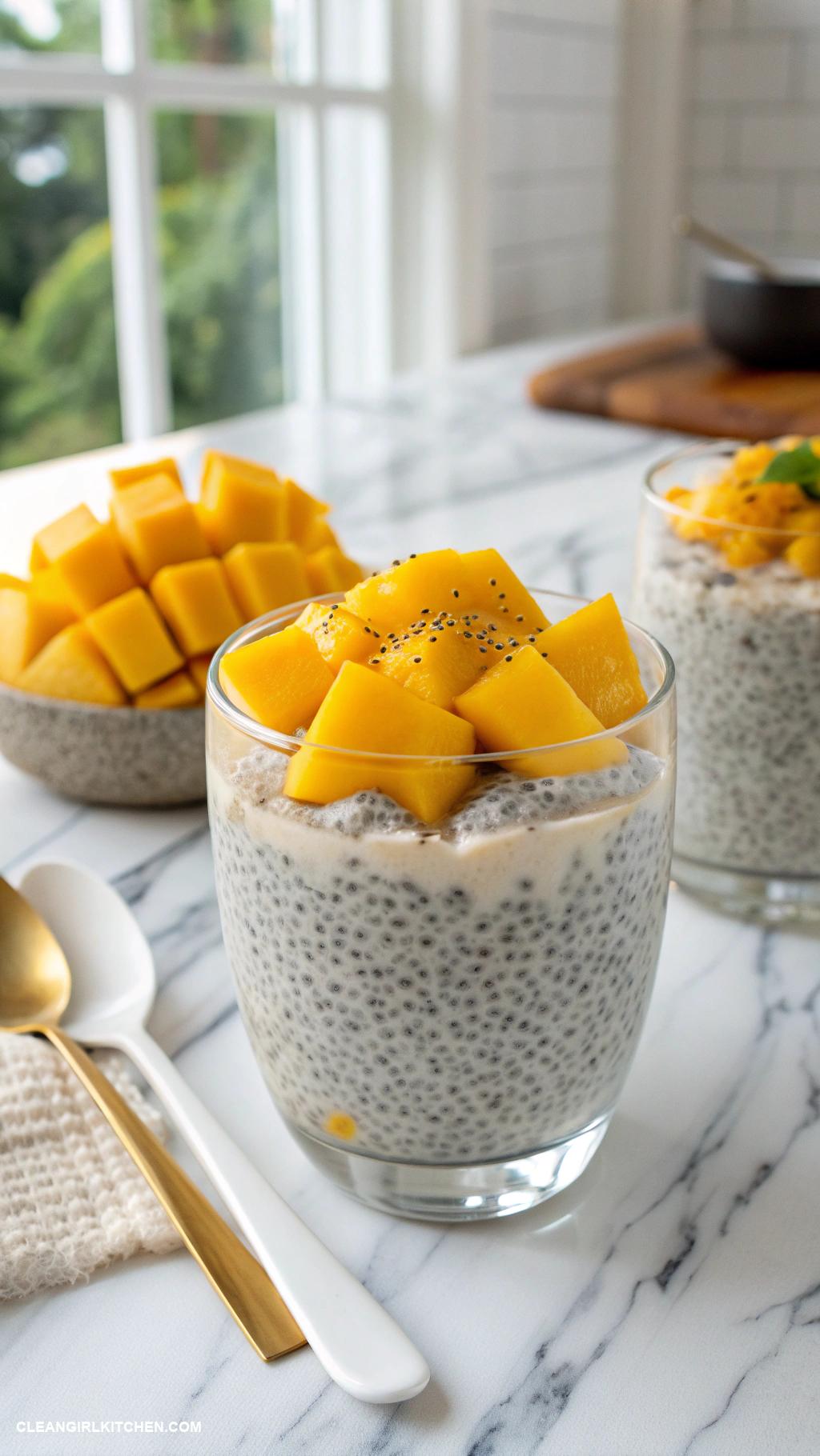 clean breakfast Chia seed pudding made with coconut milk and topped with mango