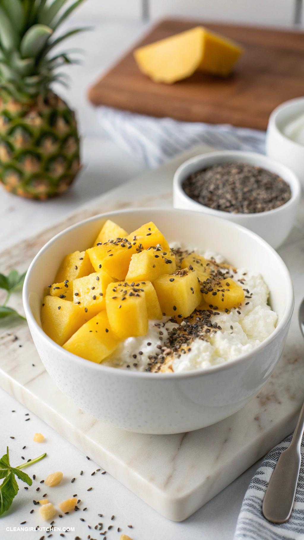 clean breakfast Cottage cheese with pineapple and chia seeds
