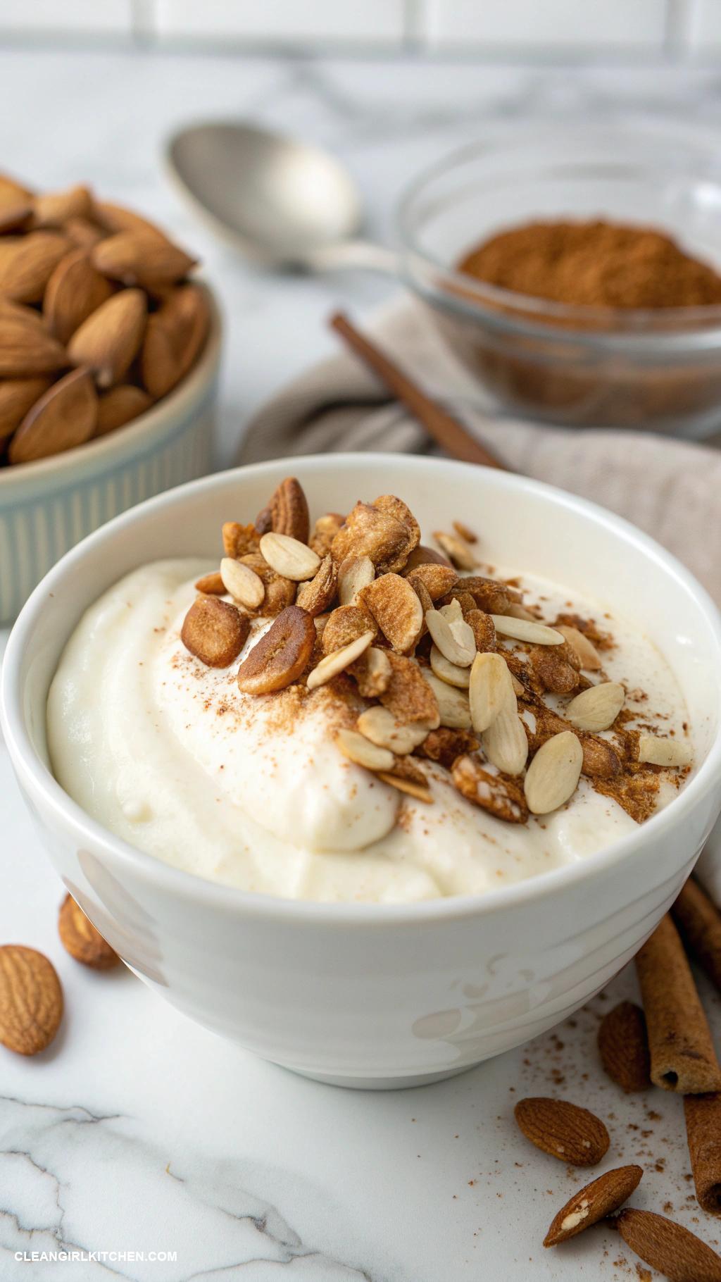 clean breakfast Greek yogurt with sliced almonds and a sprinkle of cinnamon
