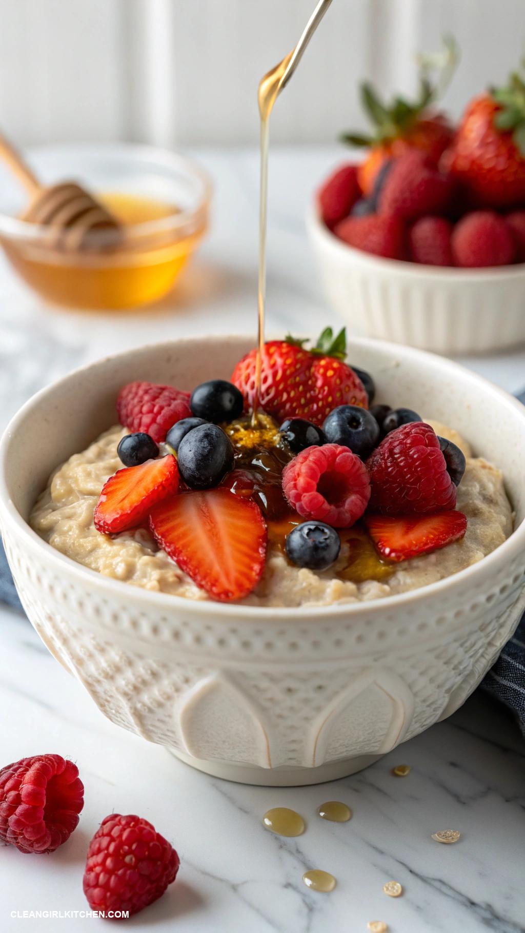 clean breakfast Oatmeal topped with fresh berries and a drizzle of honey