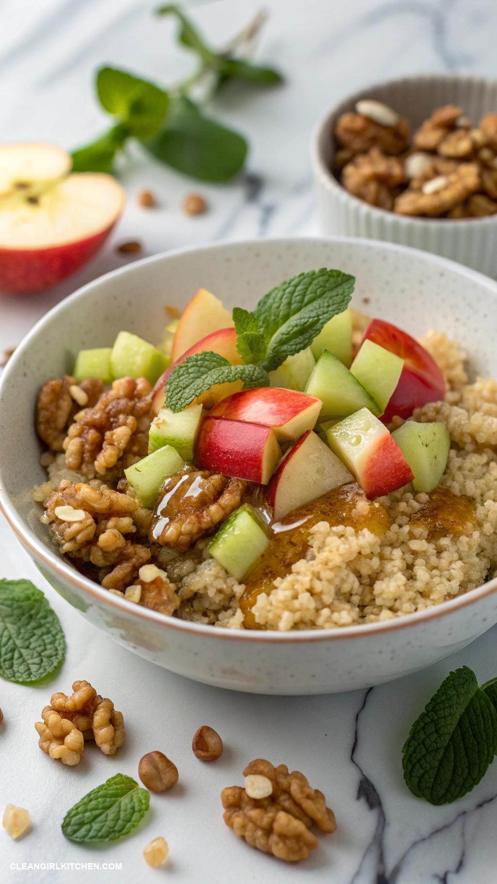 clean breakfast Quinoa bowl with diced apples walnuts and maple syrup