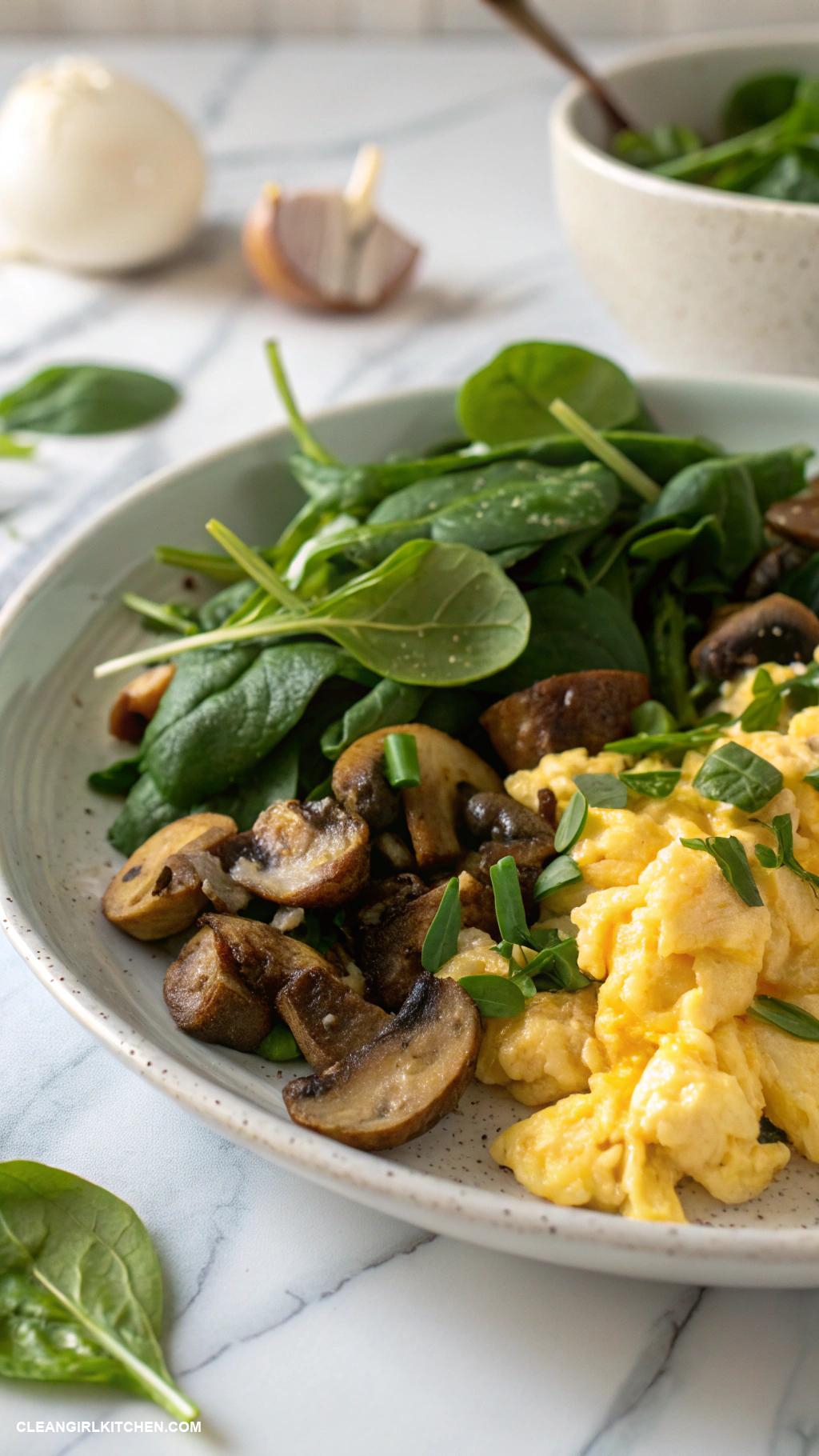 clean breakfast Scrambled eggs with spinach and mushrooms