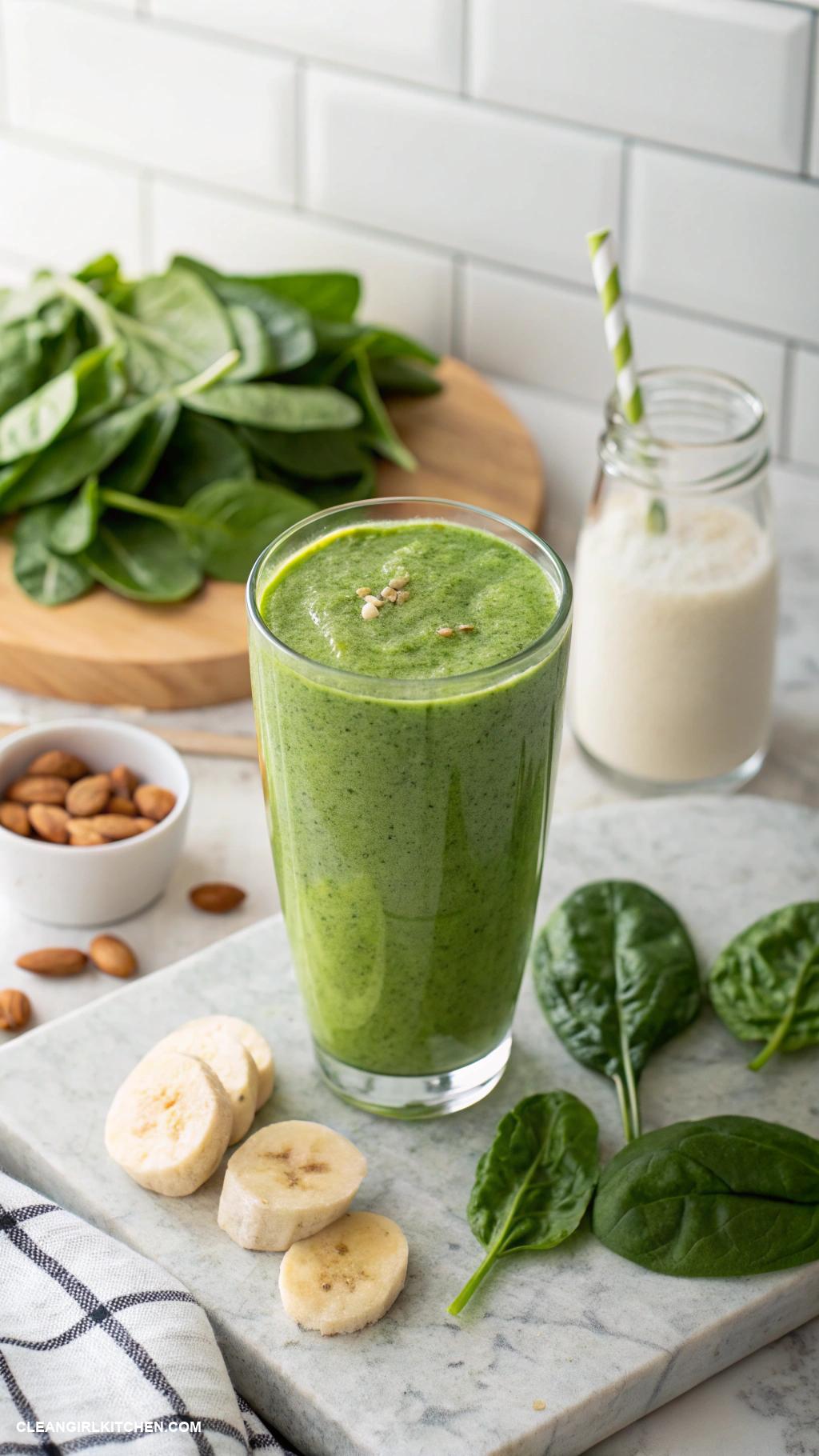clean breakfast Smoothie with spinach banana and almond milk