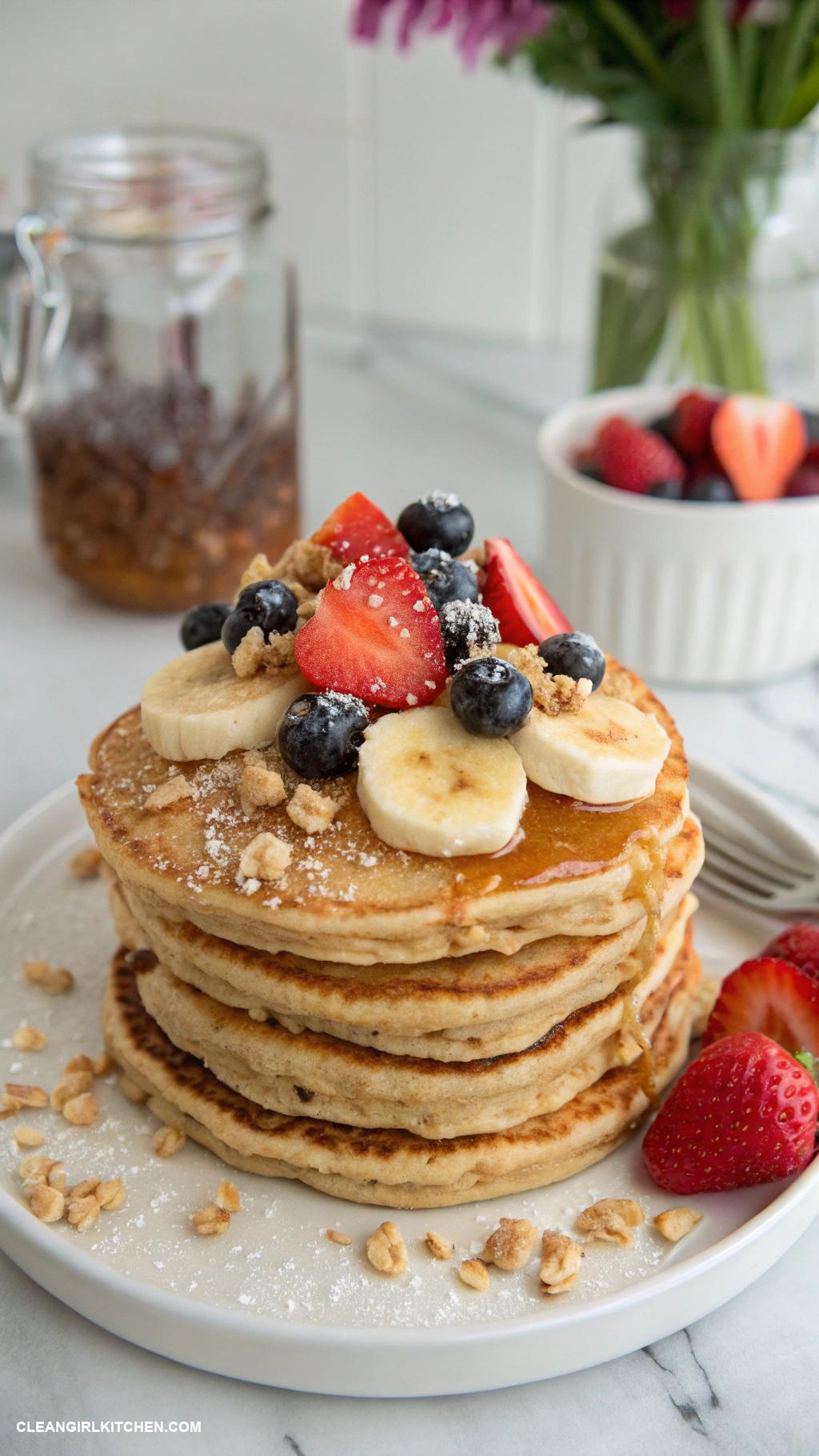 clean breakfast Whole grain pancakes made with almond flour and topped with fruit