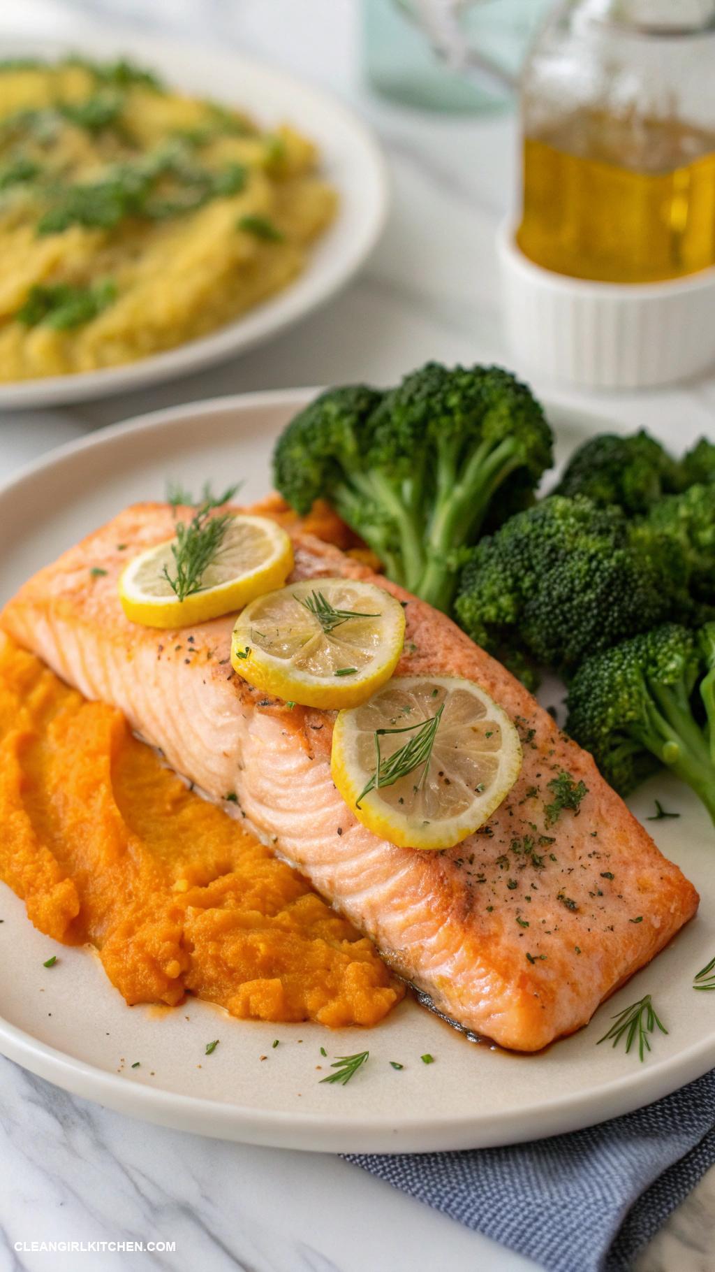 clean eating recipes Baked Salmon with Sweet Potato and Broccoli