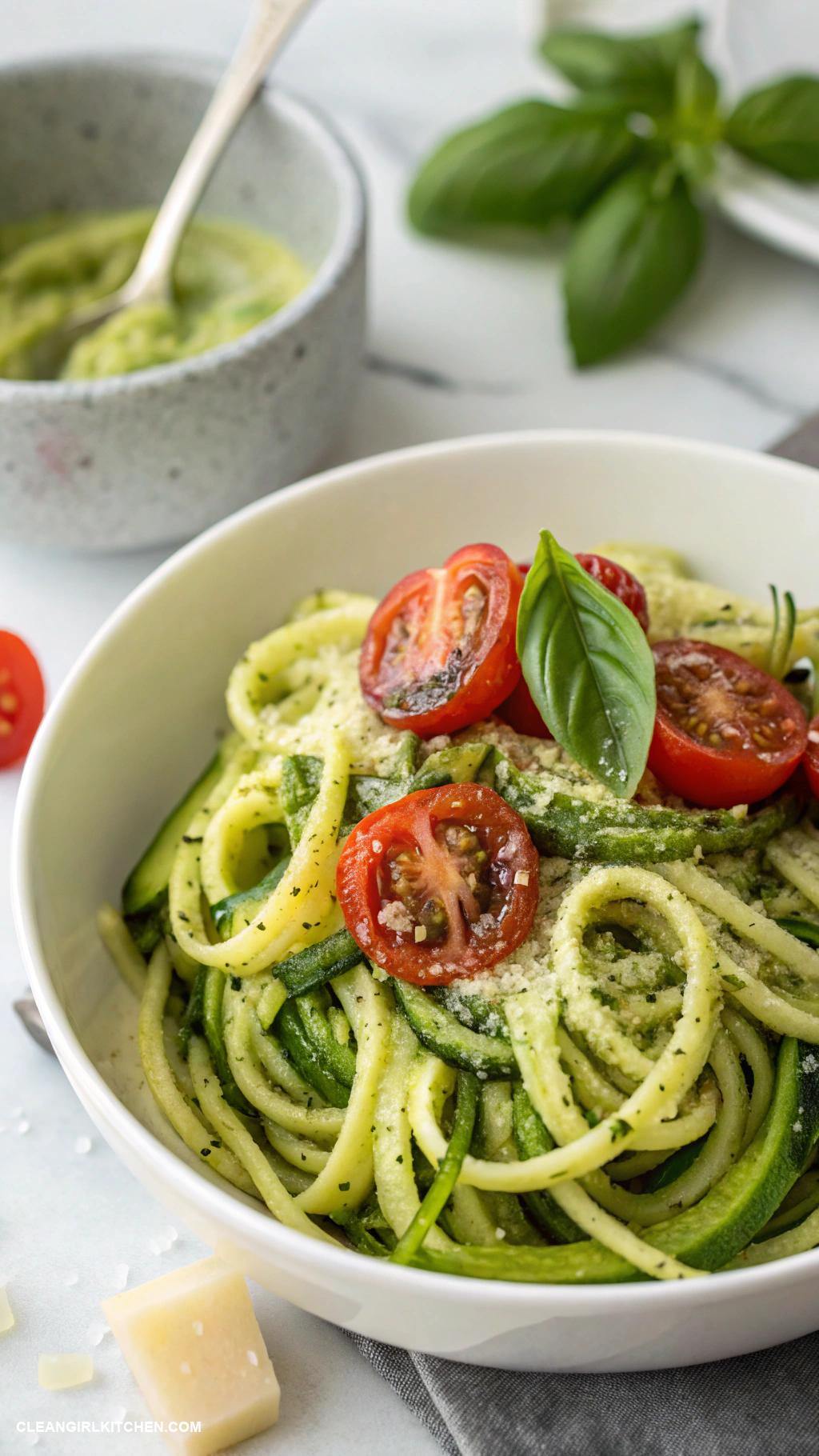 clean eating recipes Zucchini Noodles with Pesto and Cherry Tomatoes