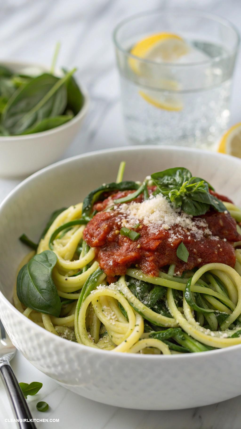 easy healthy meals Zucchini Noodles with Marinara Sauce and Spinach