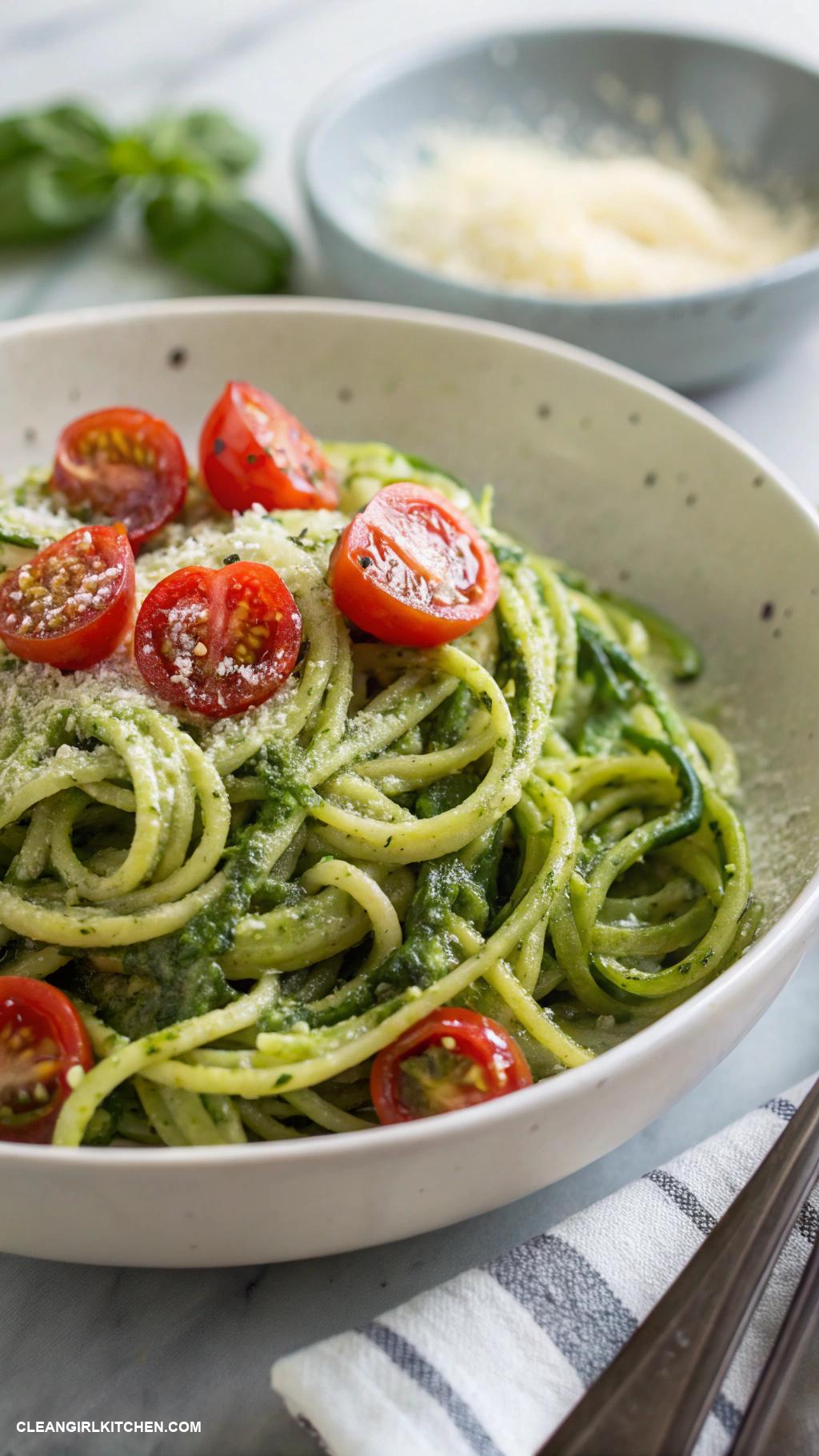 healthy blackstone griddle recipes Zucchini Noodles with Pesto and Cherry Tomatoes