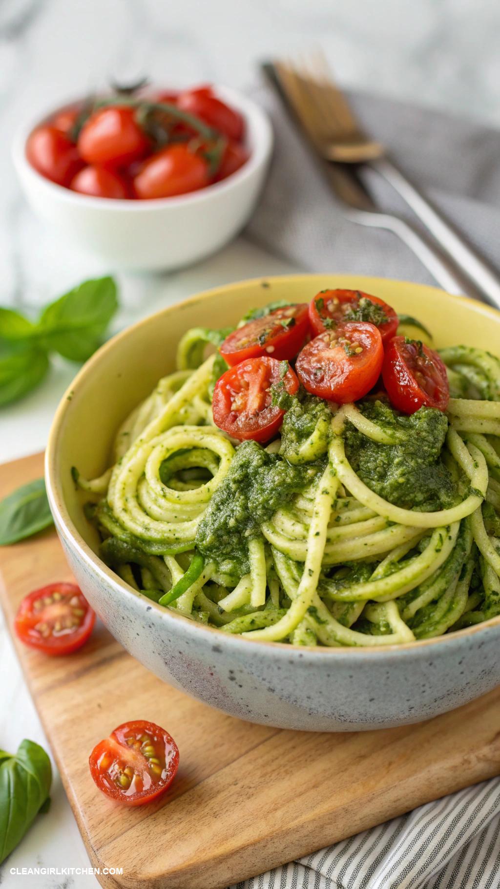 healthy camping meals Zucchini Noodles with Pesto and Cherry Tomatoes