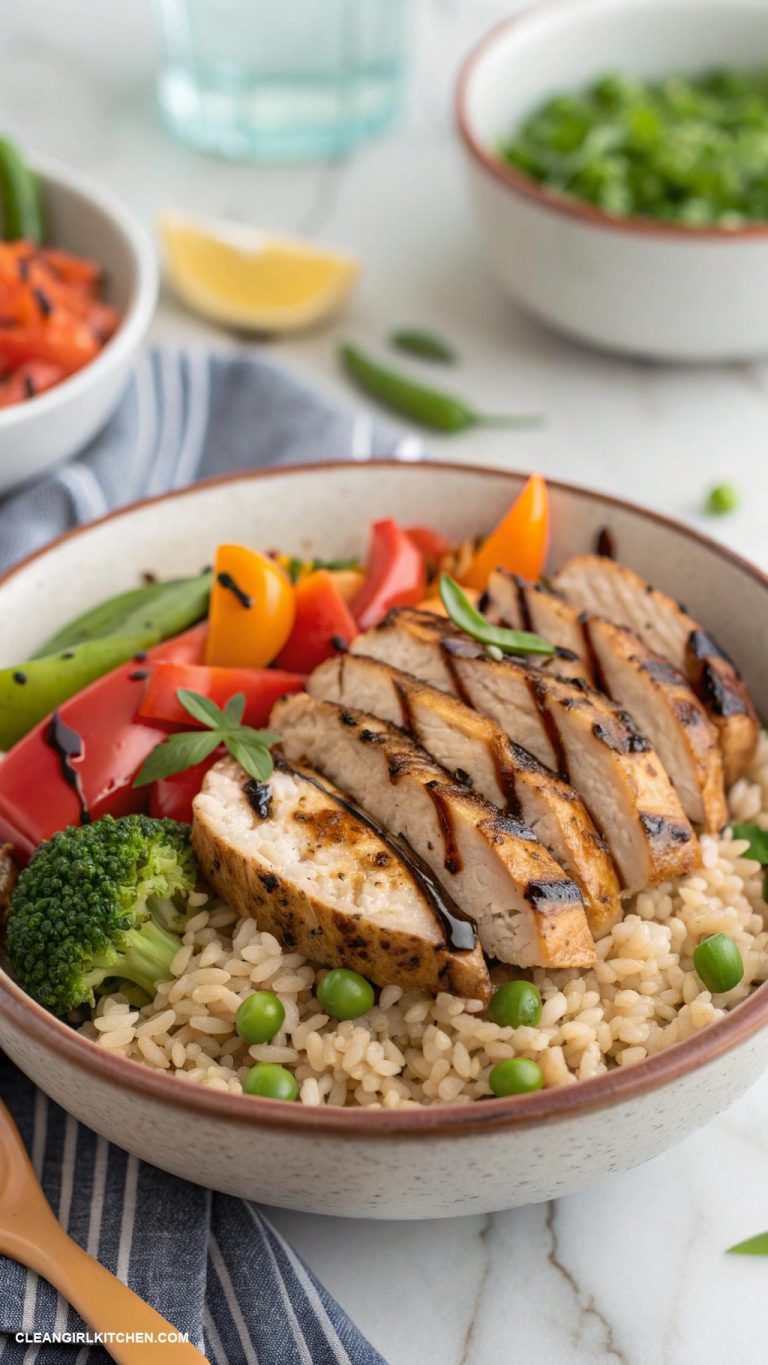 healthy easy recipes Brown Rice Bowl with Grilled Chicken and Veggies